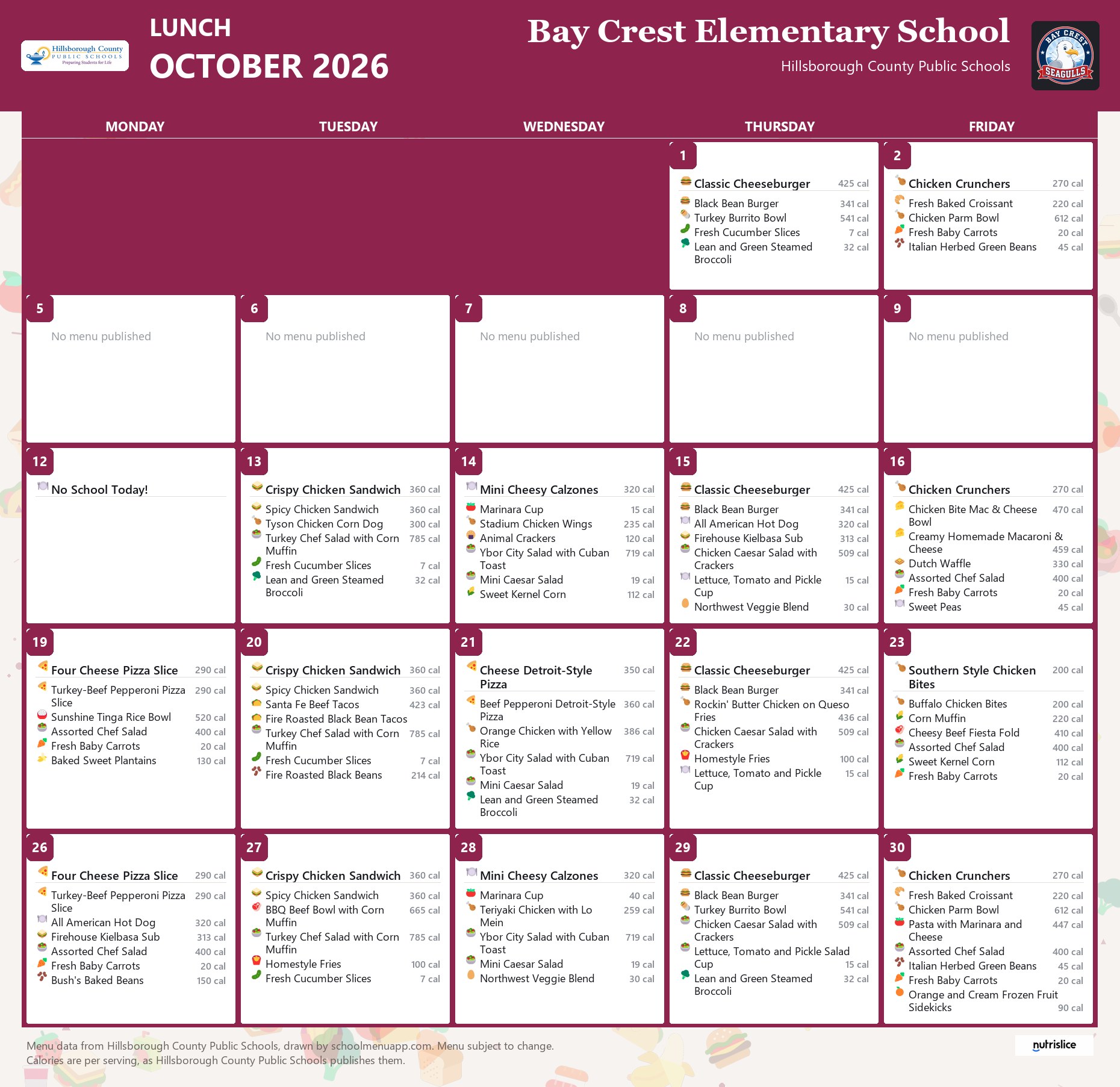 Bay Crest Elementary School lunch menu for October 2026 &mdash; Hillsborough County Public Schools