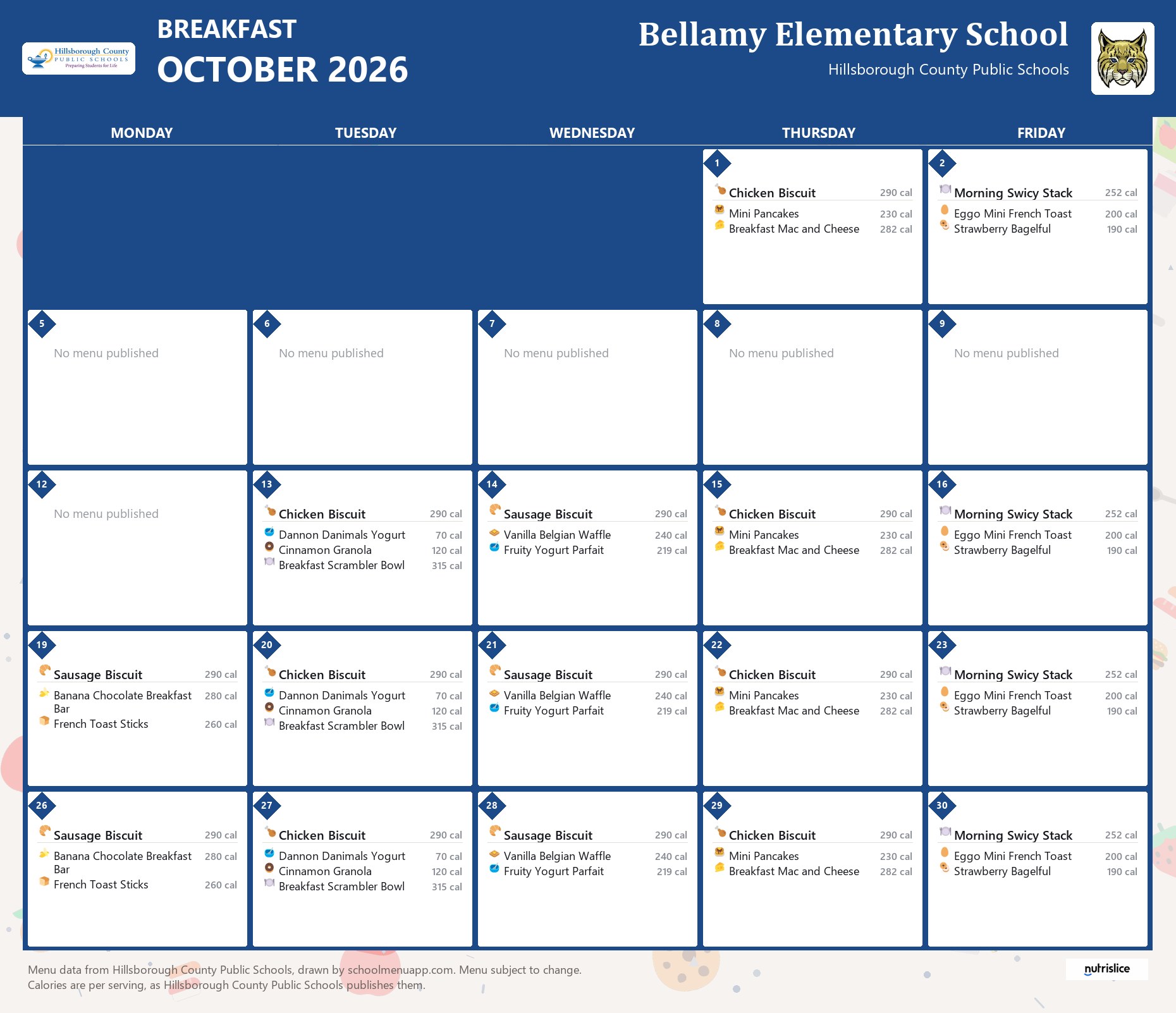 Bellamy Elementary School breakfast menu for October 2026 &mdash; Hillsborough County Public Schools