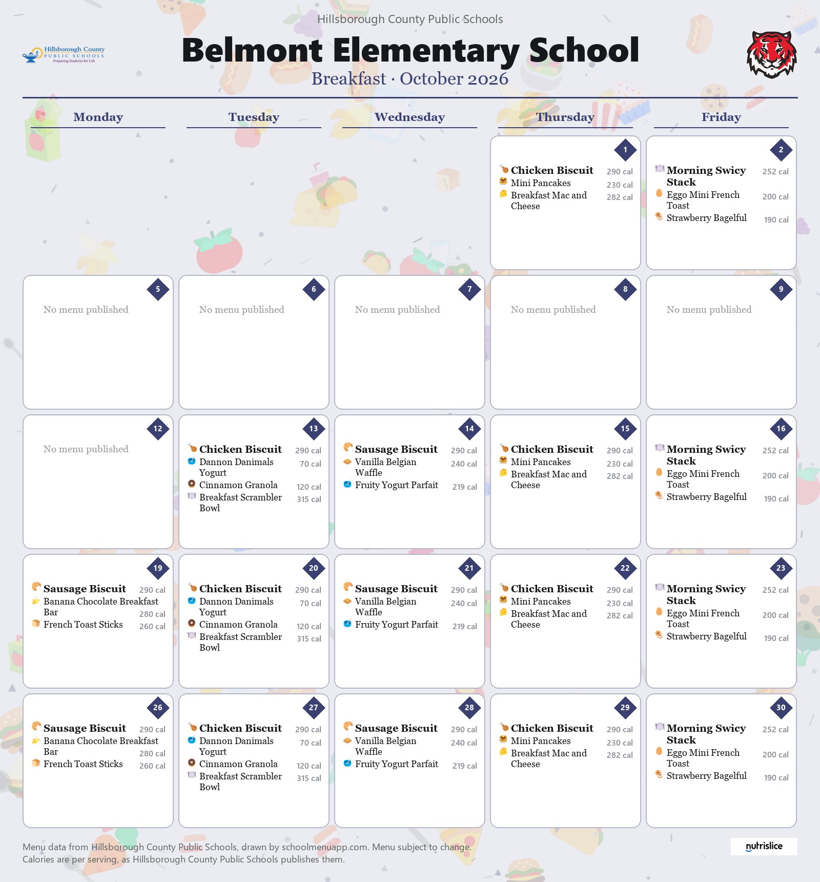 Belmont Elementary School breakfast menu for October 2026 &mdash; Hillsborough County Public Schools