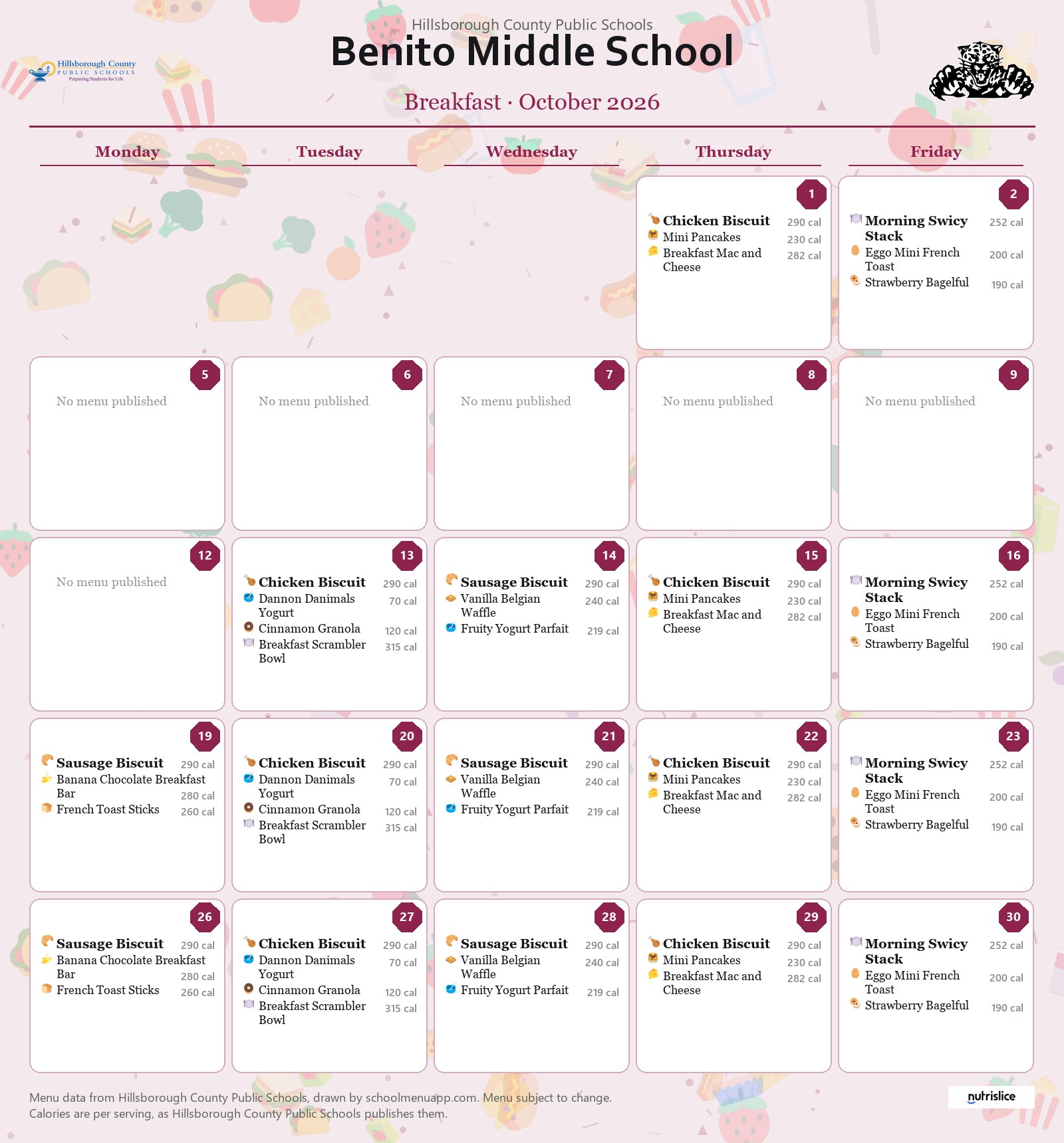 Benito Middle School breakfast menu for October 2026 &mdash; Hillsborough County Public Schools