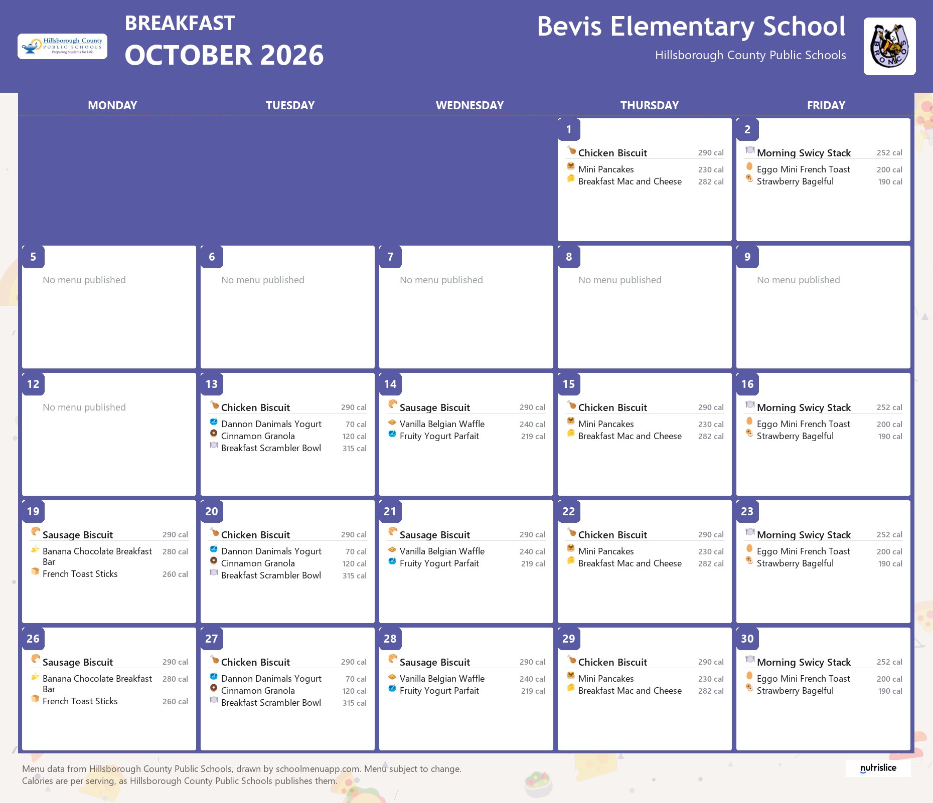 Bevis Elementary School breakfast menu for October 2026 &mdash; Hillsborough County Public Schools