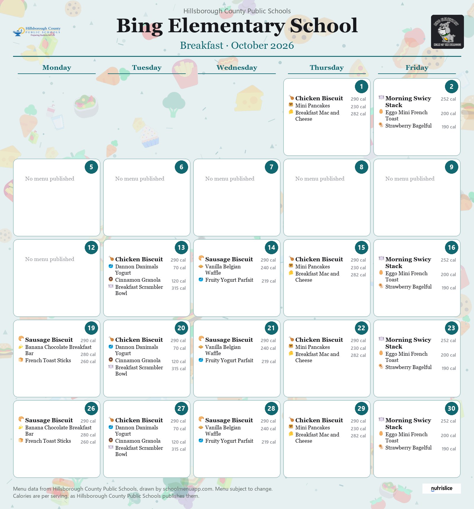 Bing Elementary School breakfast menu for October 2026 &mdash; Hillsborough County Public Schools