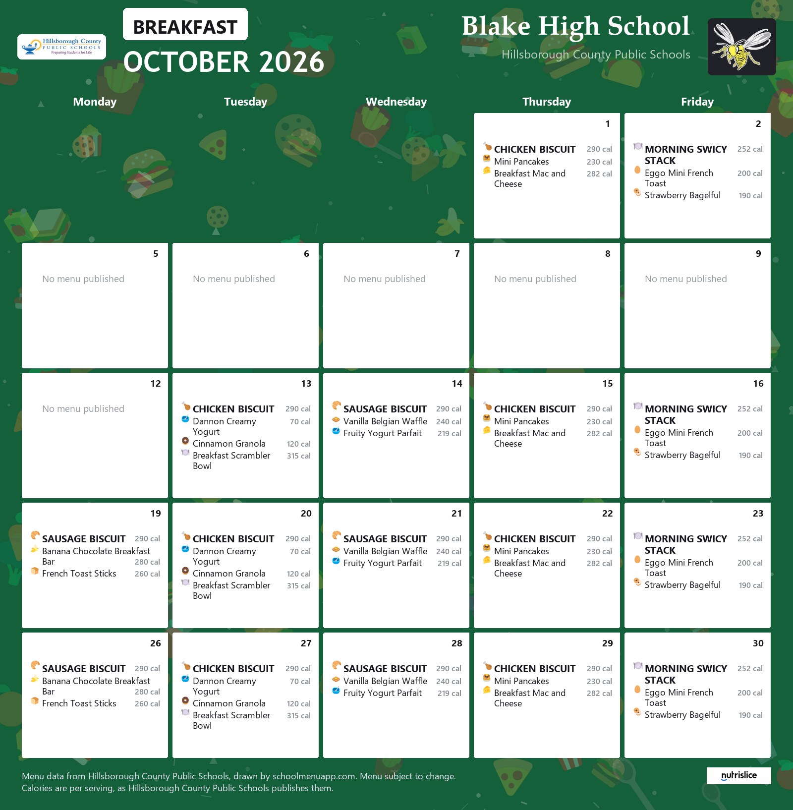 Blake High School breakfast menu for October 2026 &mdash; Hillsborough County Public Schools