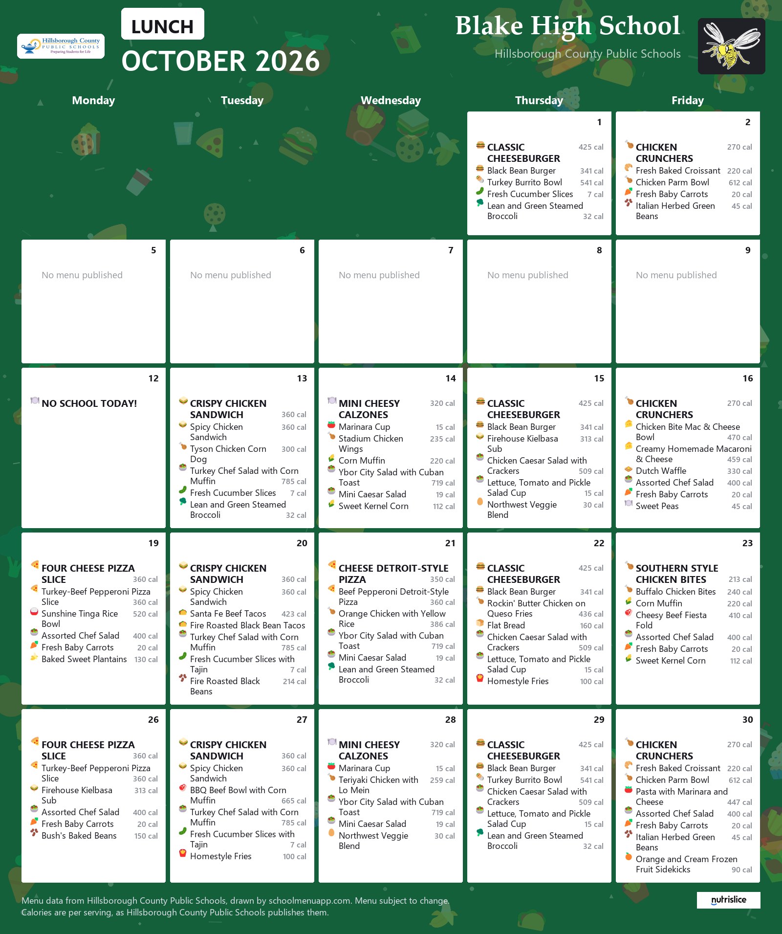 Blake High School lunch menu for October 2026 &mdash; Hillsborough County Public Schools