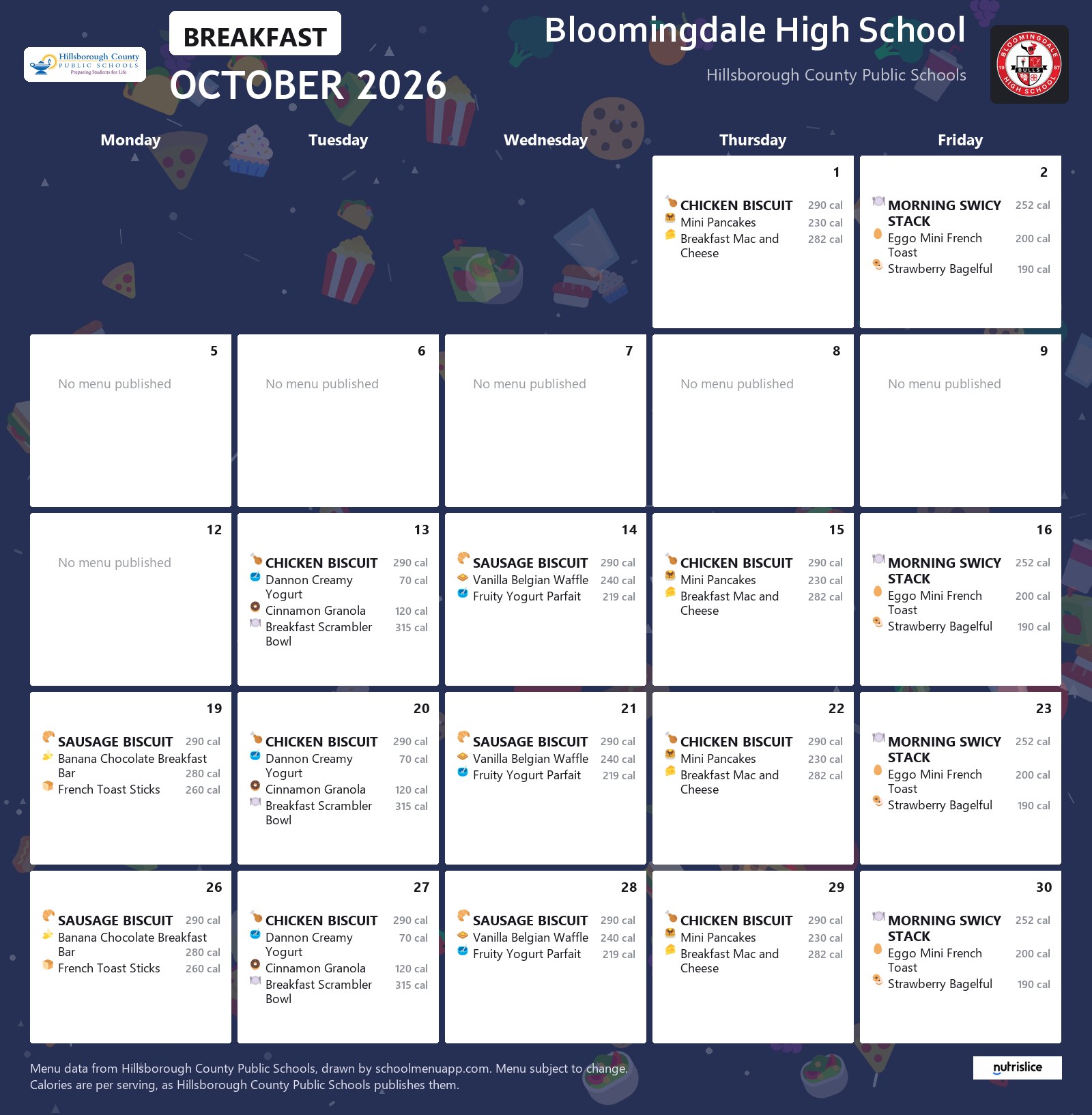 Bloomingdale High School breakfast menu for October 2026 &mdash; Hillsborough County Public Schools
