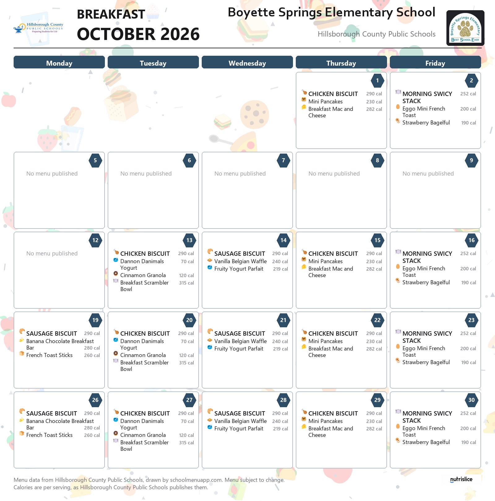 Boyette Springs Elementary School breakfast menu for October 2026 &mdash; Hillsborough County Public Schools