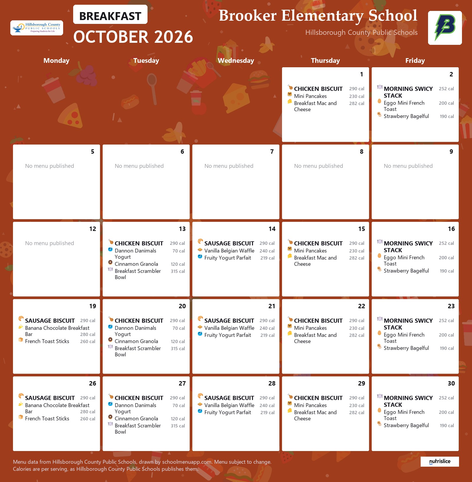 Brooker Elementary School breakfast menu for October 2026 &mdash; Hillsborough County Public Schools