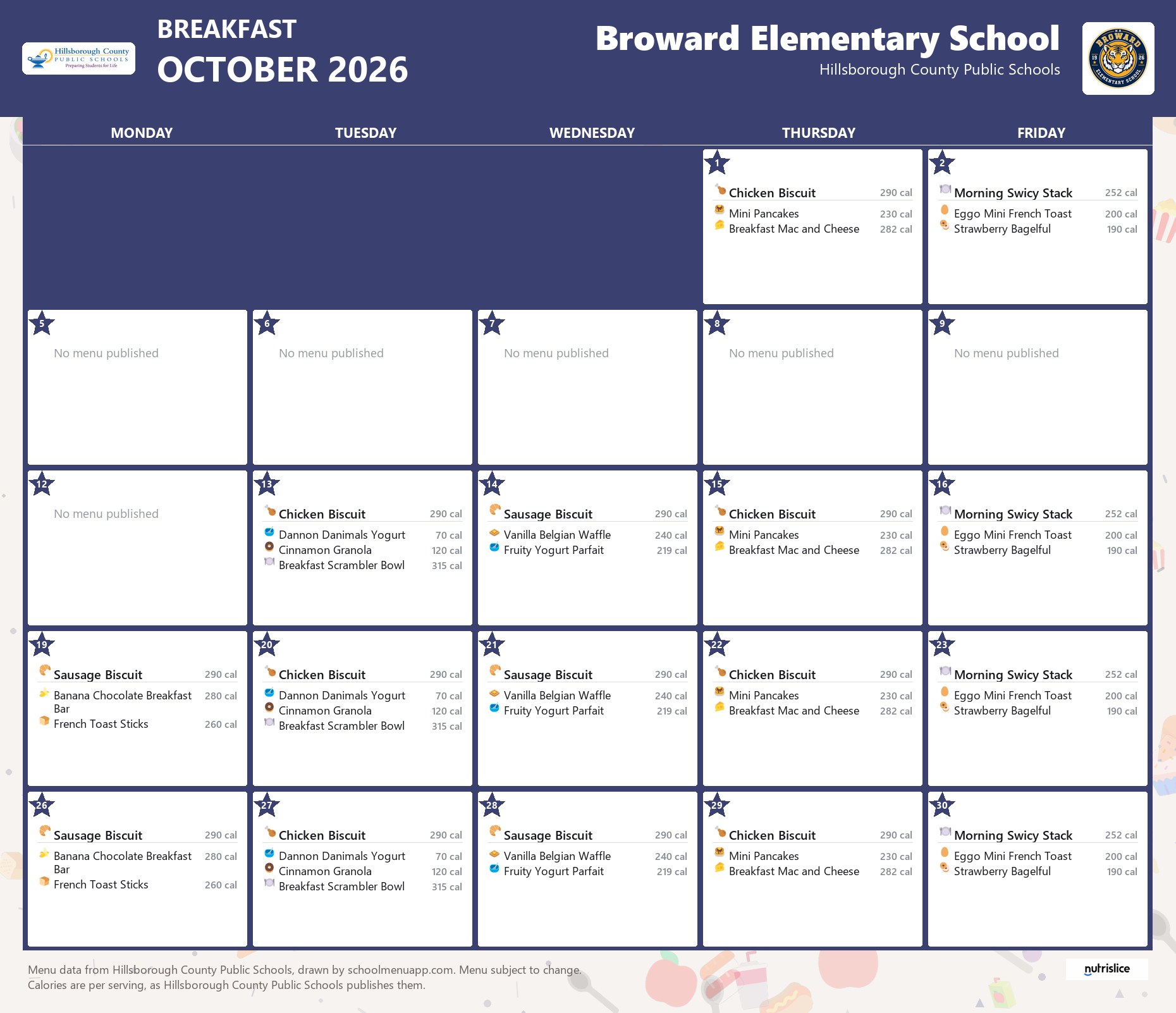 Broward Elementary School breakfast menu for October 2026 &mdash; Hillsborough County Public Schools