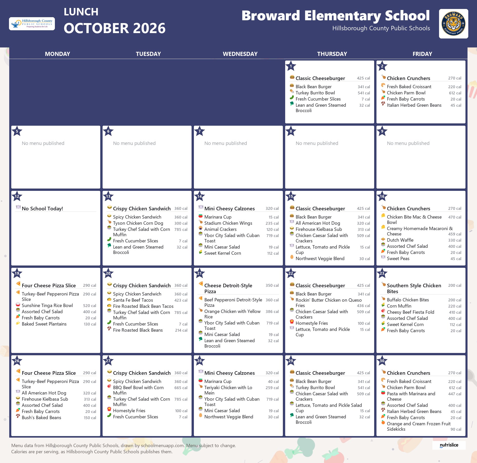 Broward Elementary School lunch menu for October 2026 &mdash; Hillsborough County Public Schools