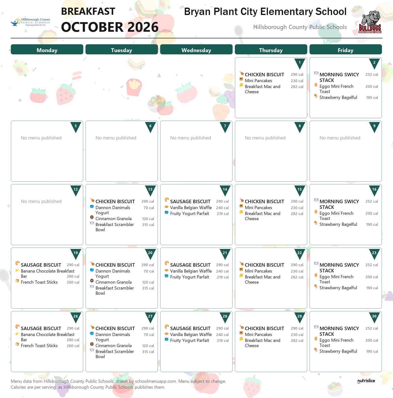 Bryan Plant City Elementary School breakfast menu for October 2026 &mdash; Hillsborough County Public Schools