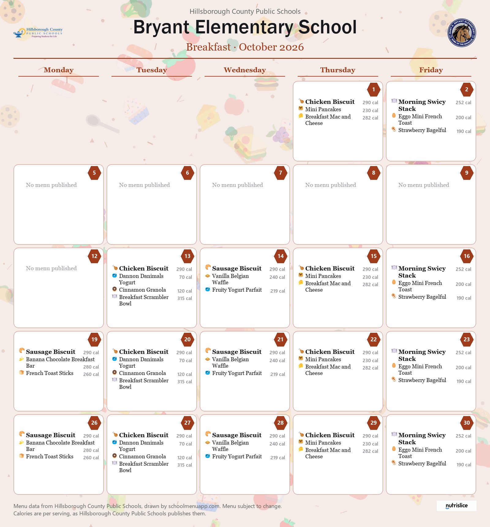 Bryant Elementary School breakfast menu for October 2026 &mdash; Hillsborough County Public Schools