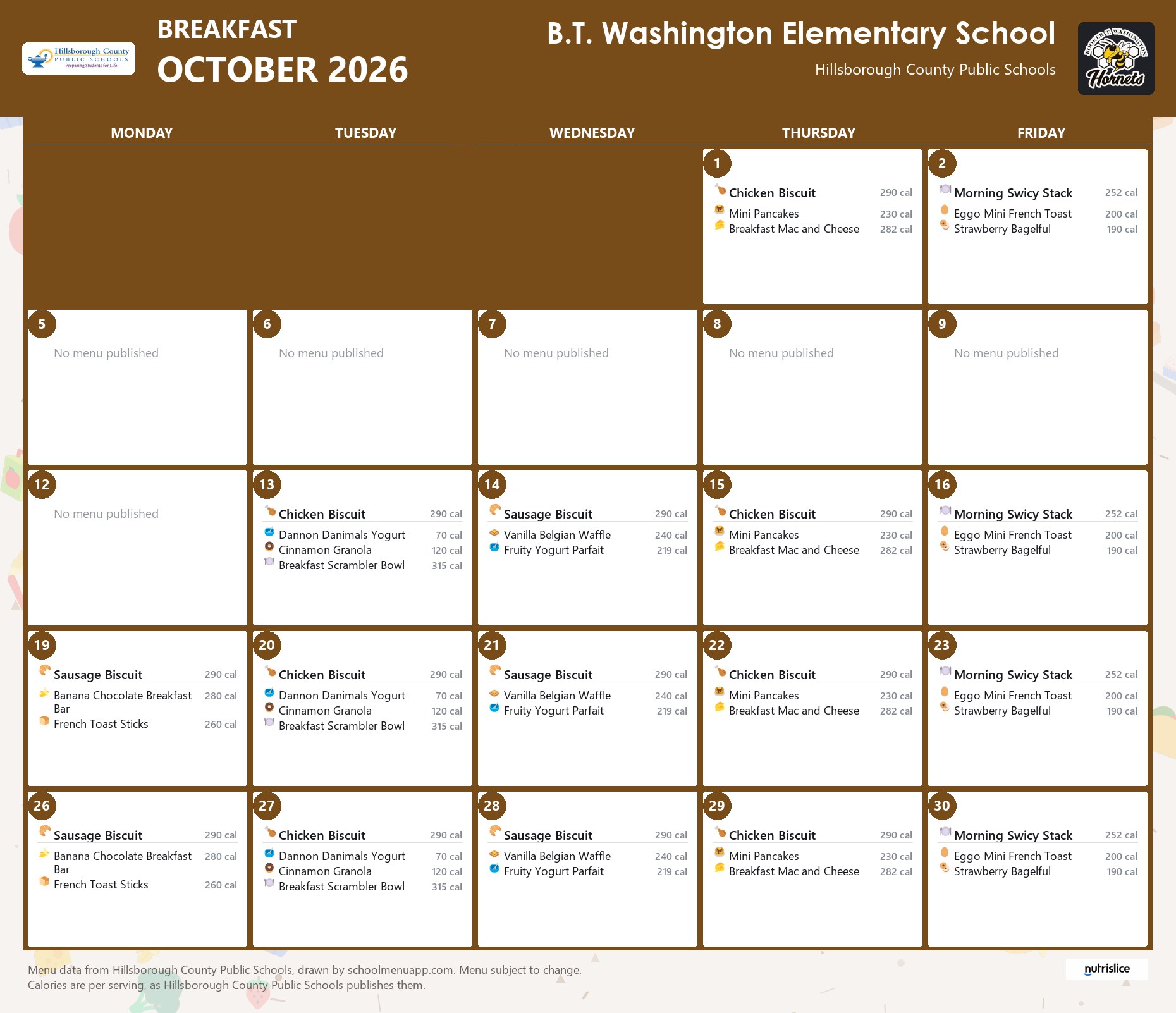 B.T. Washington Elementary School breakfast menu for October 2026 &mdash; Hillsborough County Public Schools