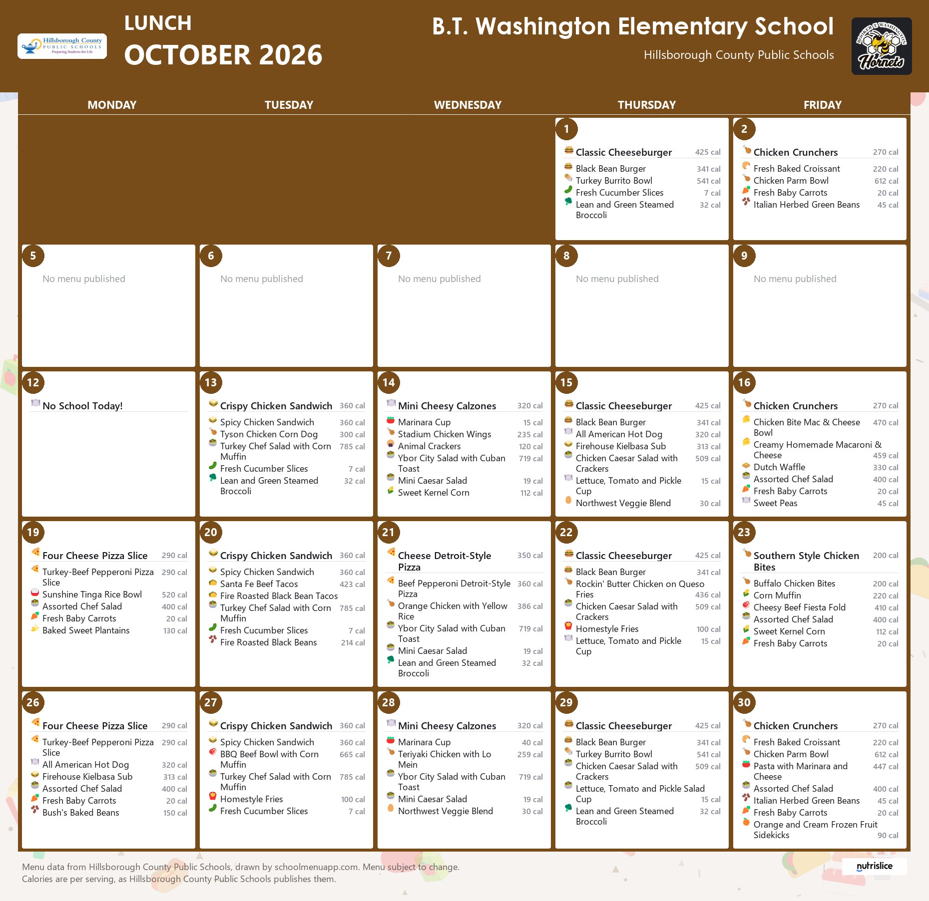B.T. Washington Elementary School lunch menu for October 2026 &mdash; Hillsborough County Public Schools