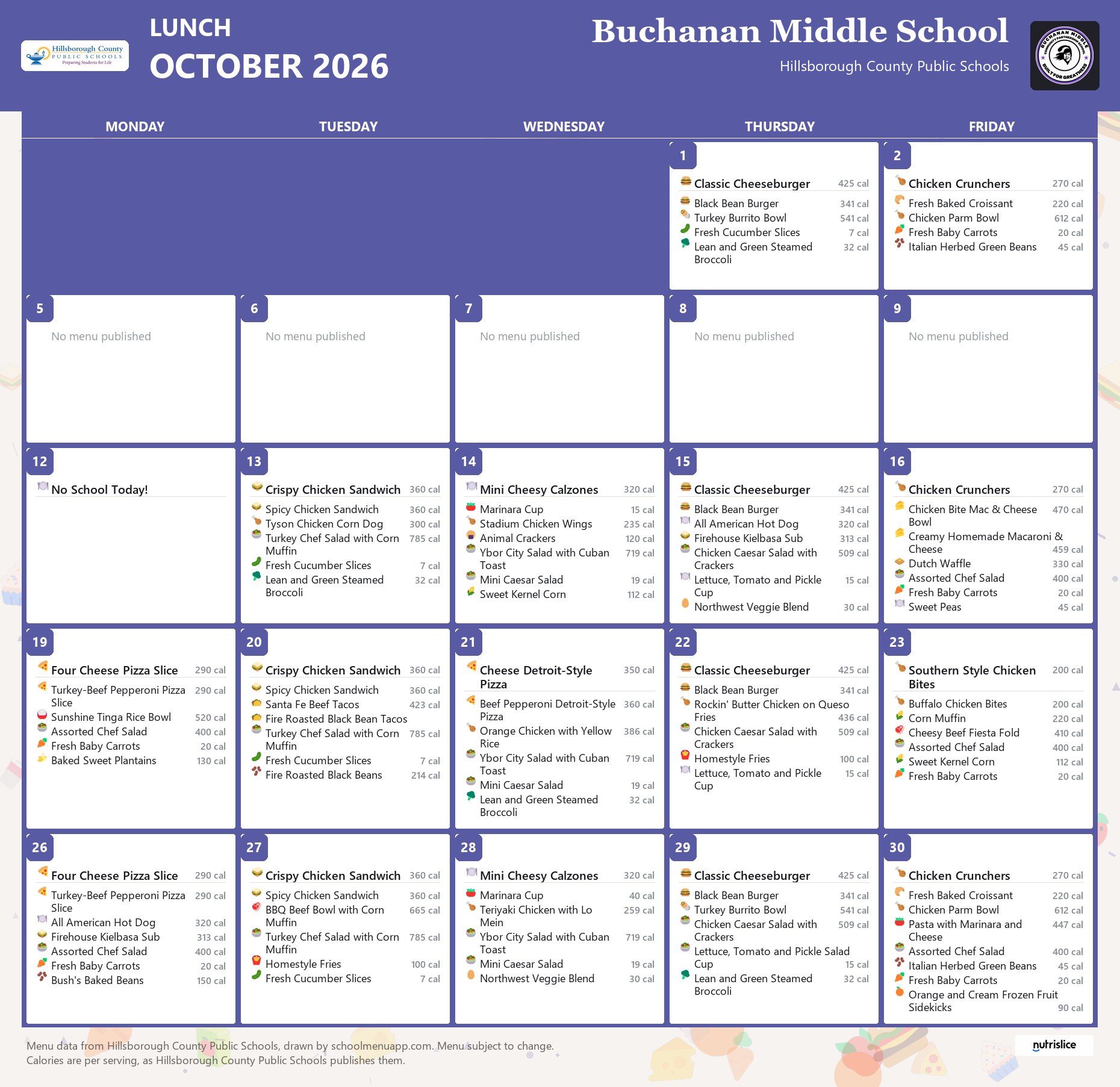 Buchanan Middle School lunch menu for October 2026 &mdash; Hillsborough County Public Schools
