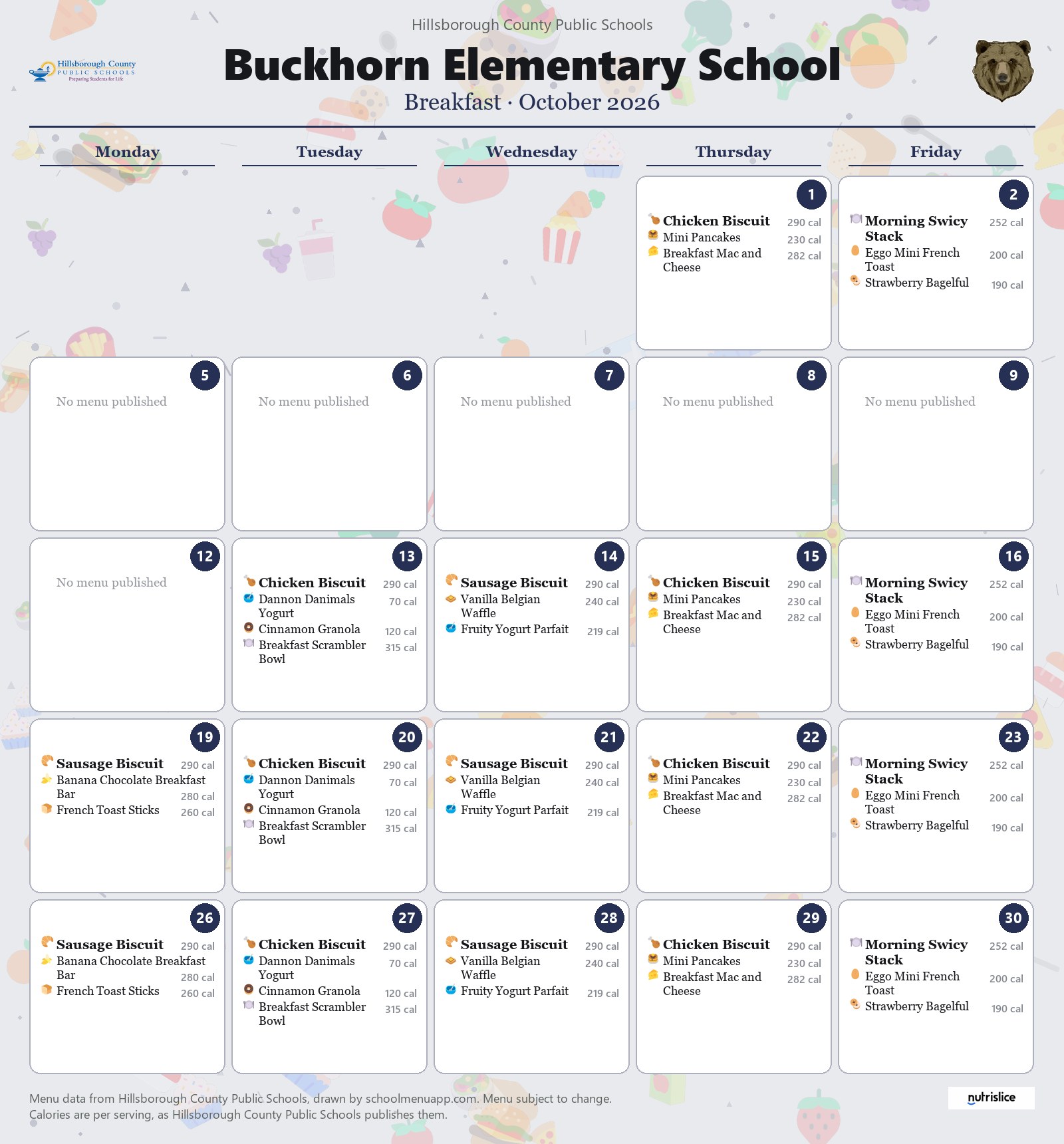 Buckhorn Elementary School breakfast menu for October 2026 &mdash; Hillsborough County Public Schools