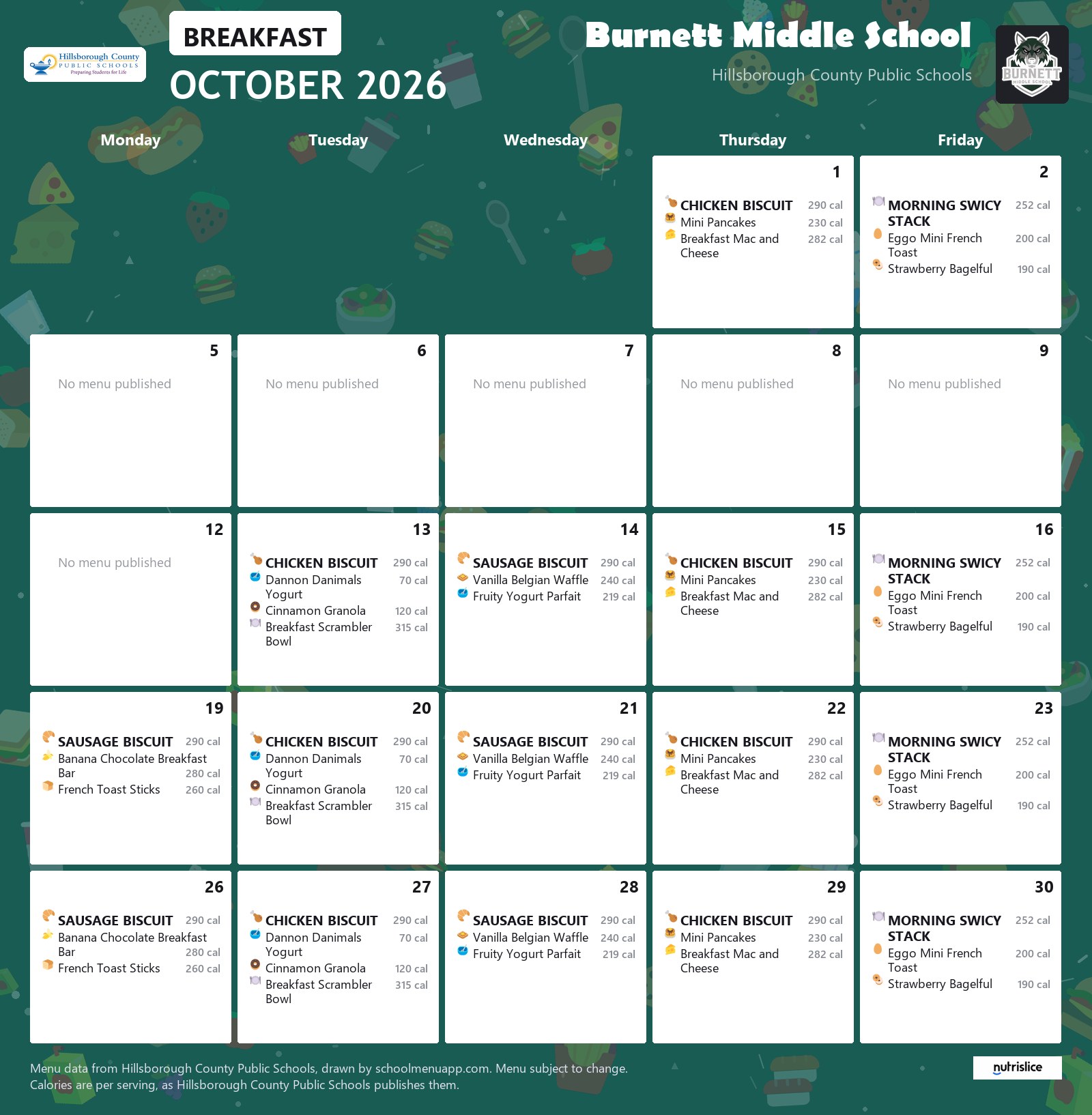 Burnett Middle School breakfast menu for October 2026 &mdash; Hillsborough County Public Schools