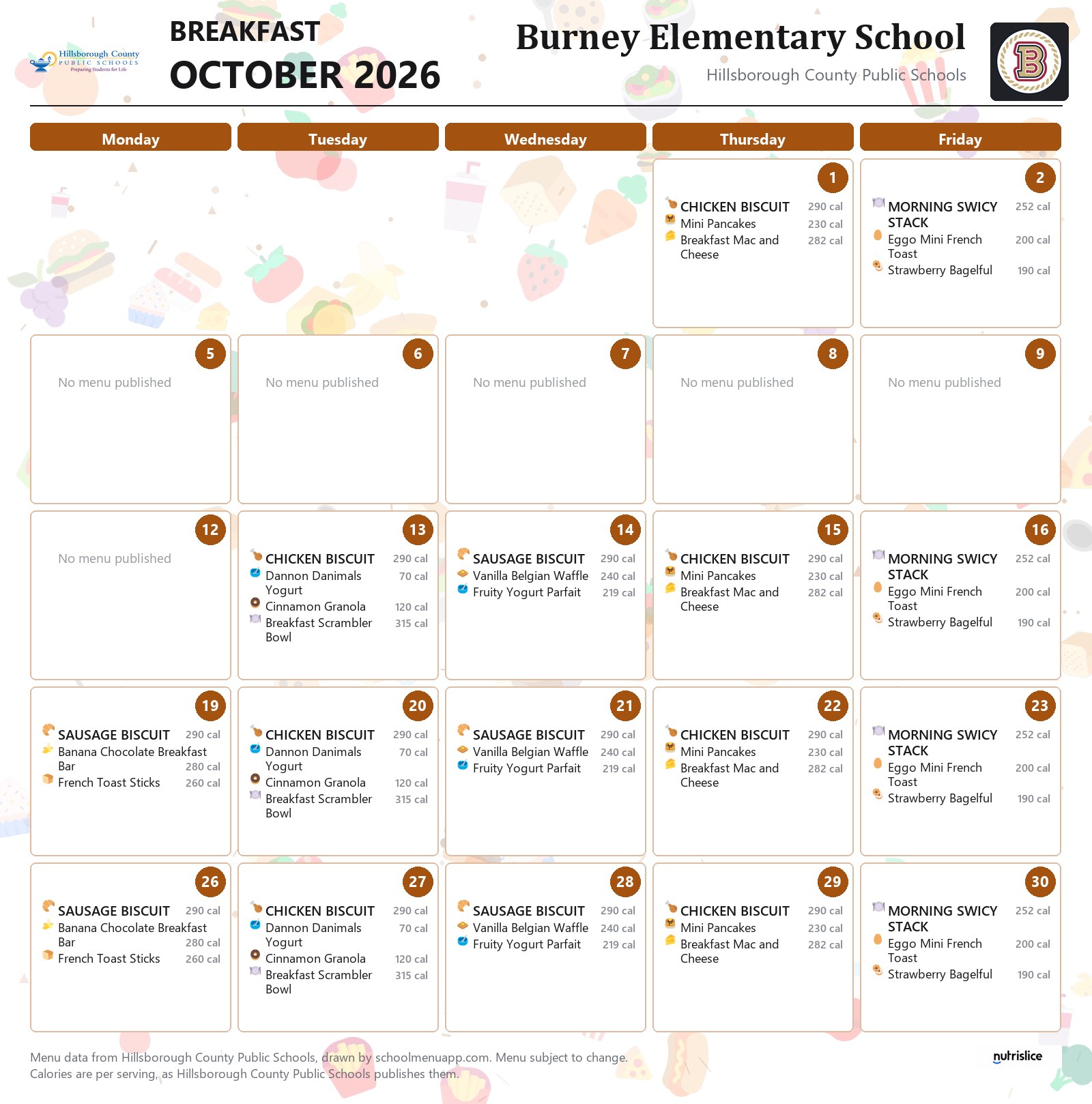 Burney Elementary School breakfast menu for October 2026 &mdash; Hillsborough County Public Schools
