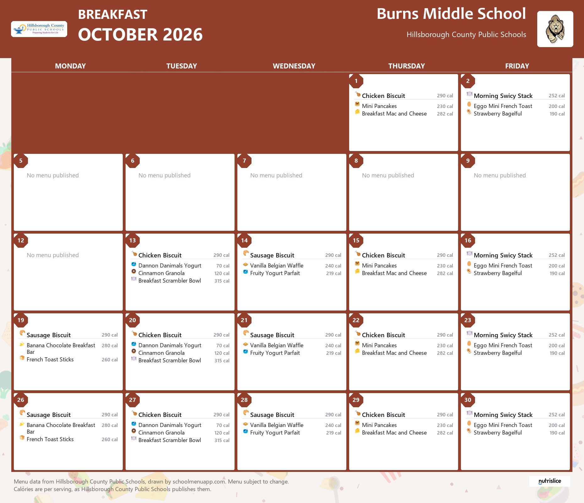 Burns Middle School breakfast menu for October 2026 &mdash; Hillsborough County Public Schools