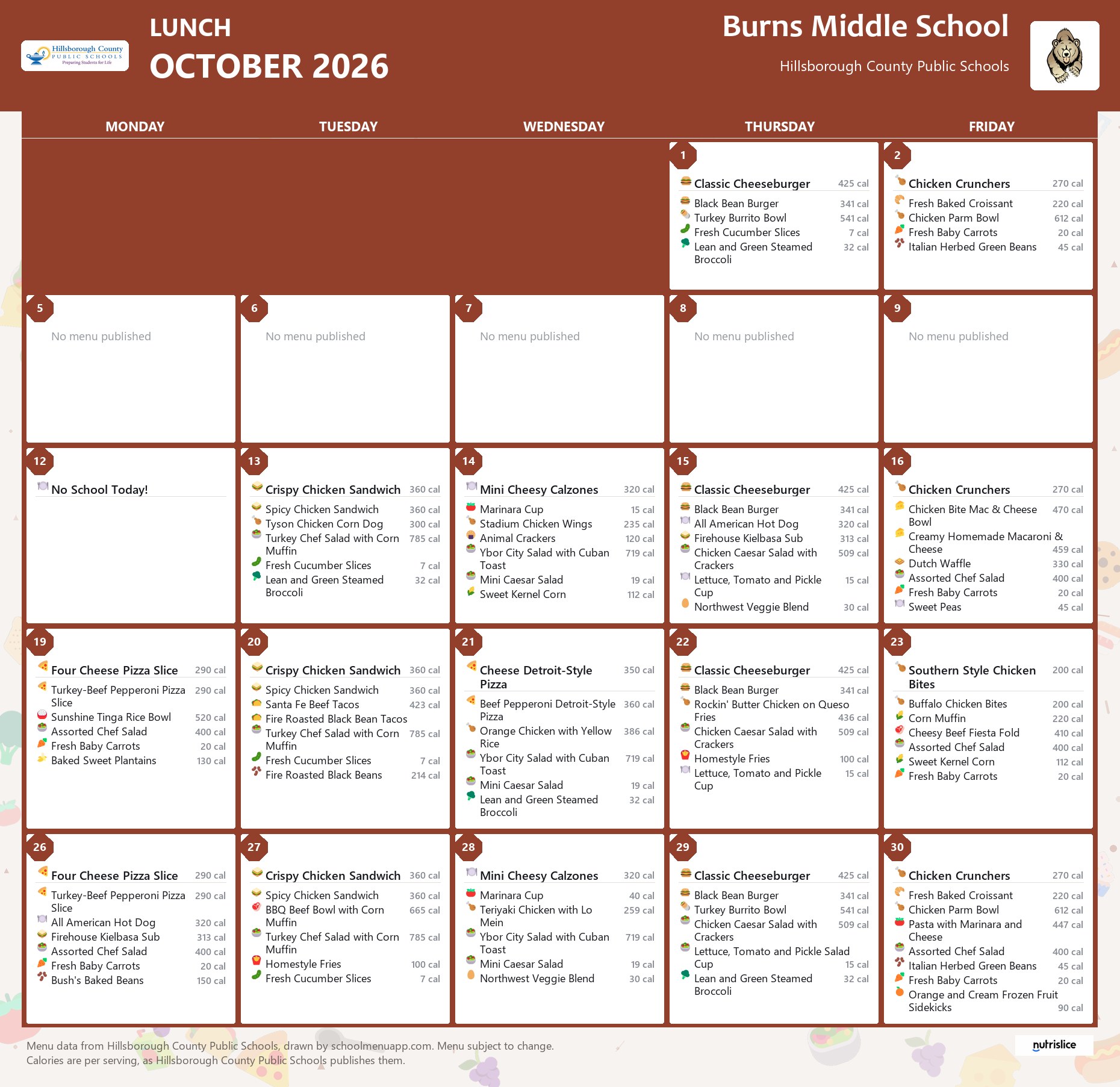 Burns Middle School lunch menu for October 2026 &mdash; Hillsborough County Public Schools
