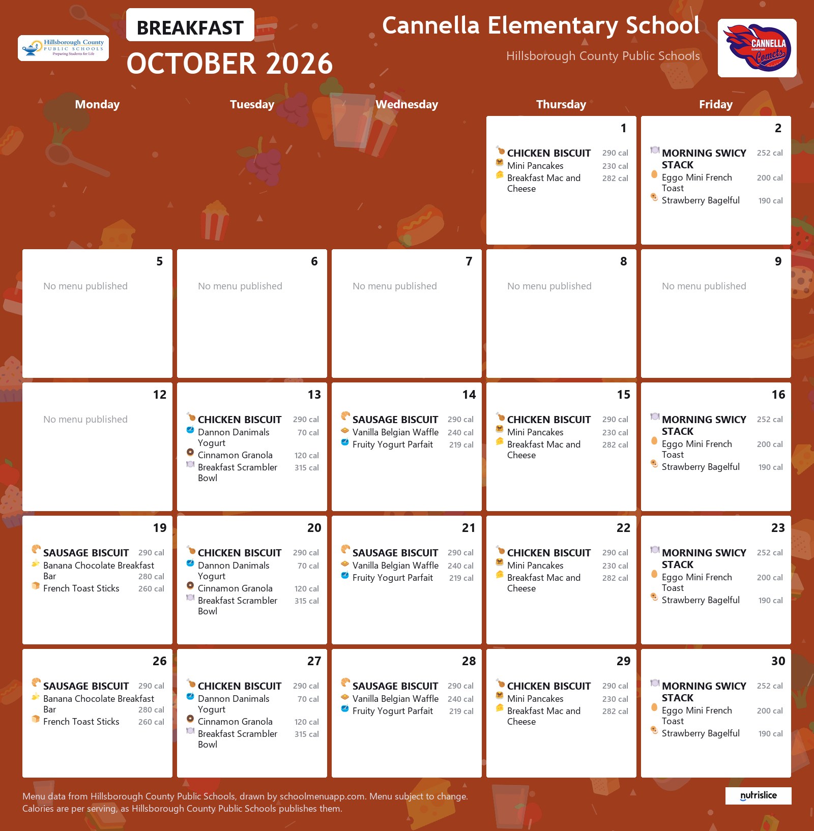 Cannella Elementary School breakfast menu for October 2026 &mdash; Hillsborough County Public Schools