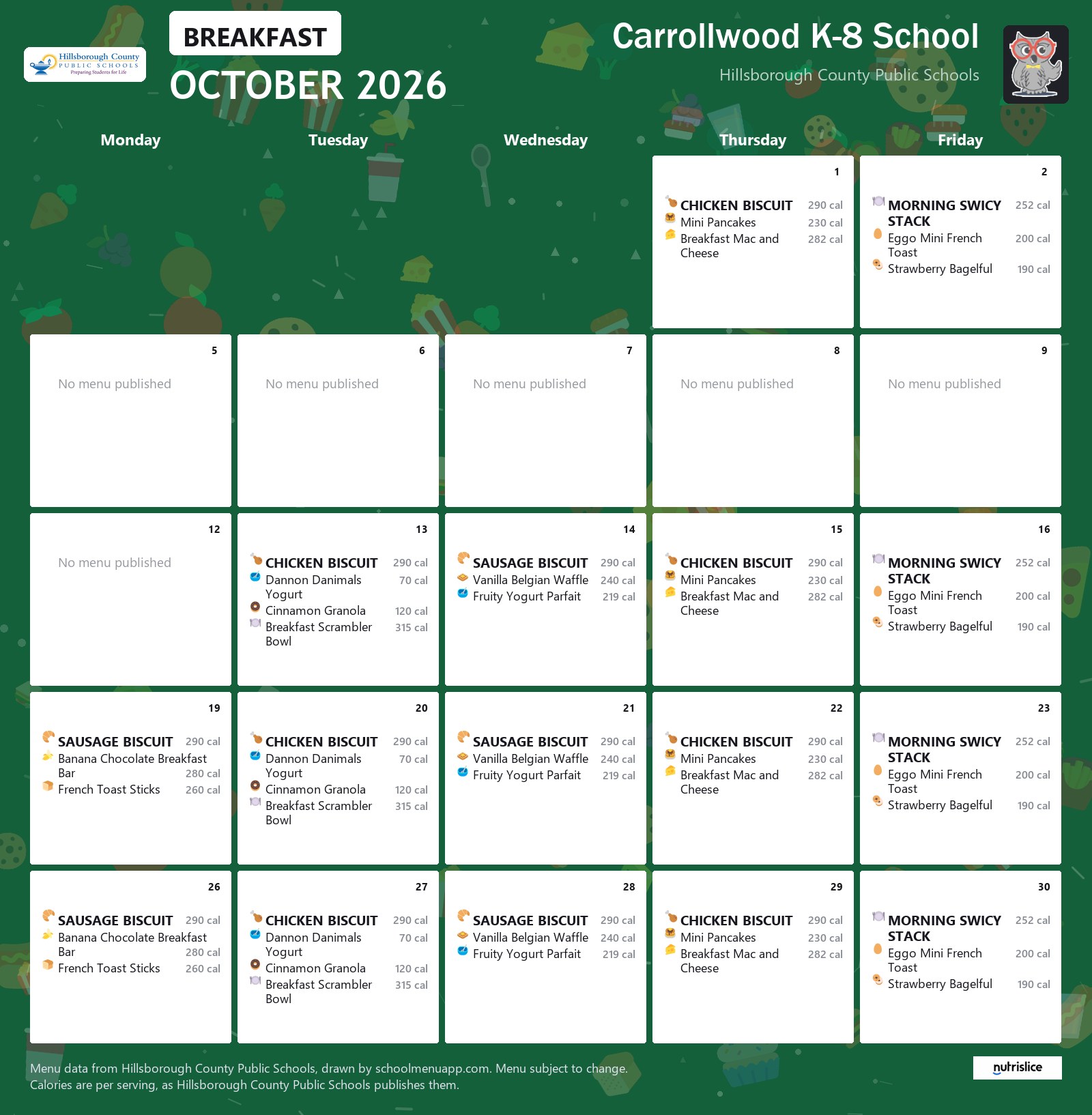 Carrollwood K-8 School breakfast menu for October 2026 &mdash; Hillsborough County Public Schools