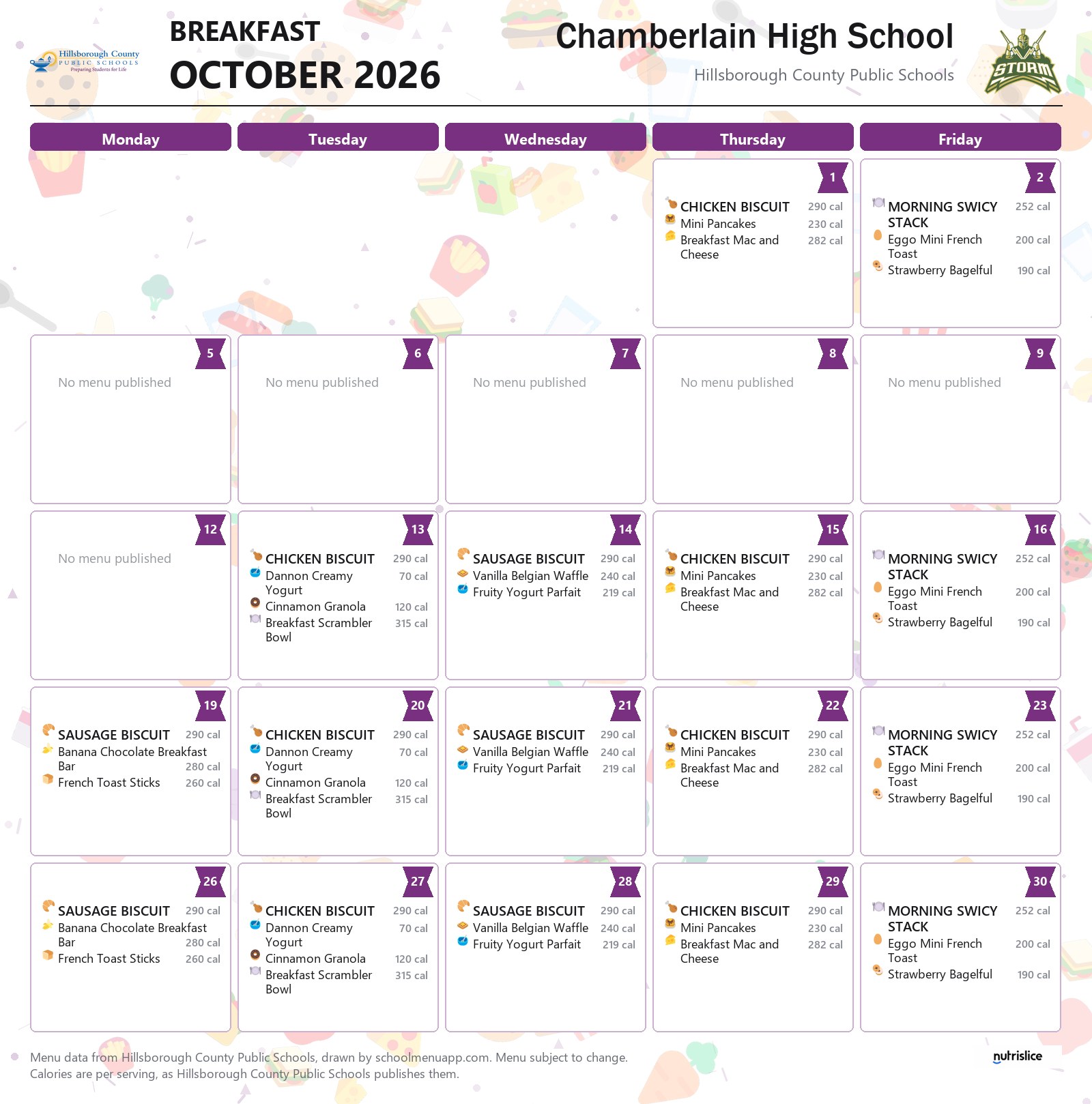 Chamberlain High School breakfast menu for October 2026 &mdash; Hillsborough County Public Schools