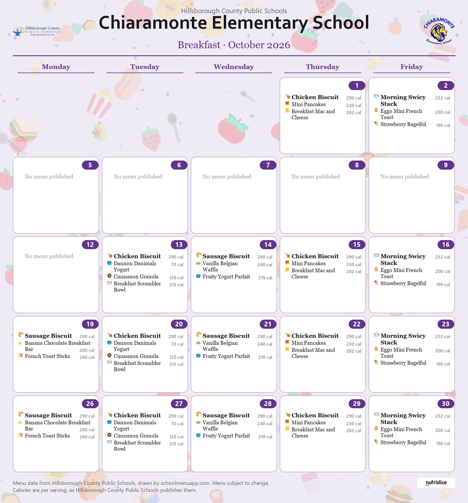 Chiaramonte Elementary School breakfast menu for October 2026 &mdash; Hillsborough County Public Schools