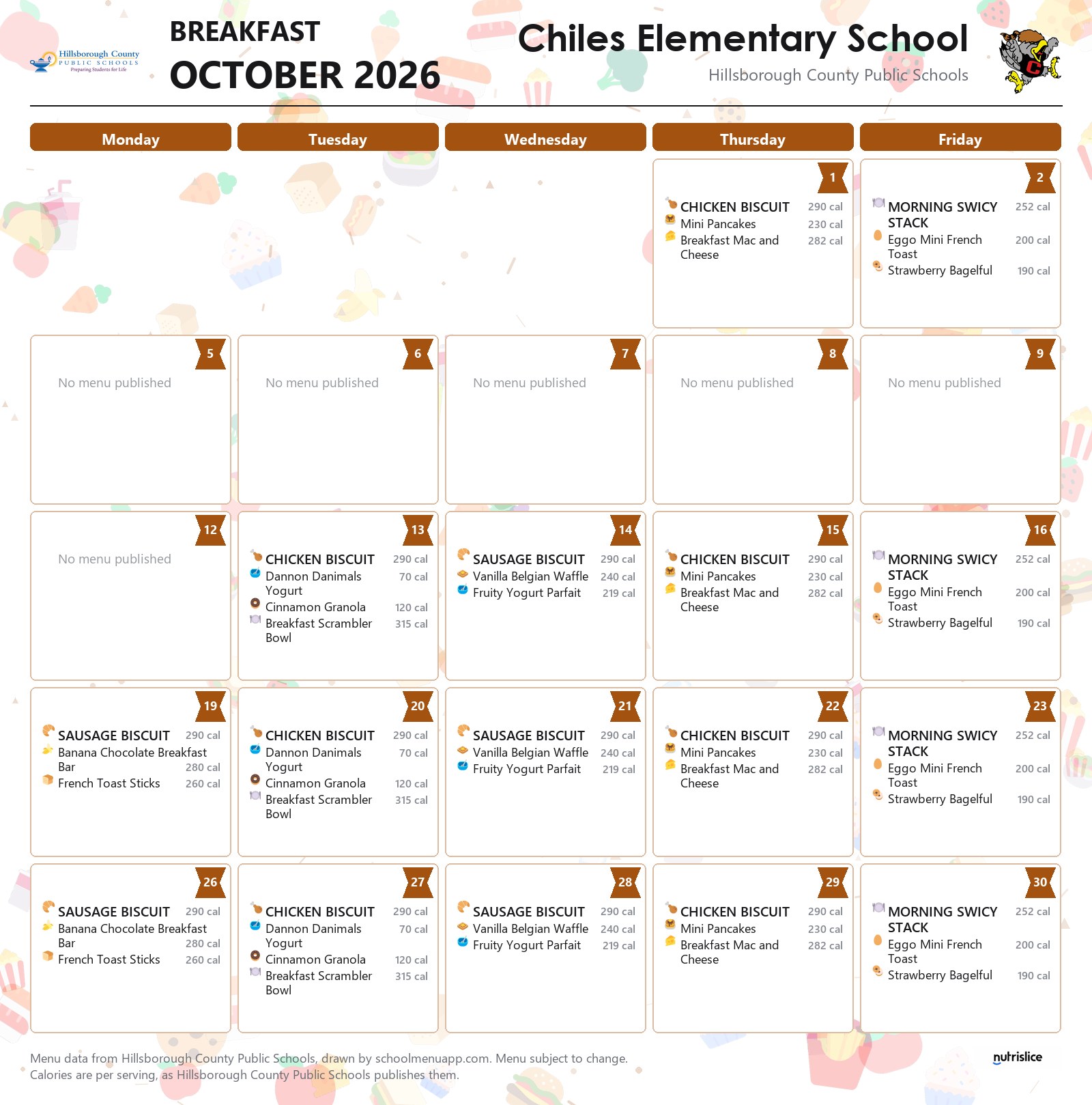 Chiles Elementary School breakfast menu for October 2026 &mdash; Hillsborough County Public Schools