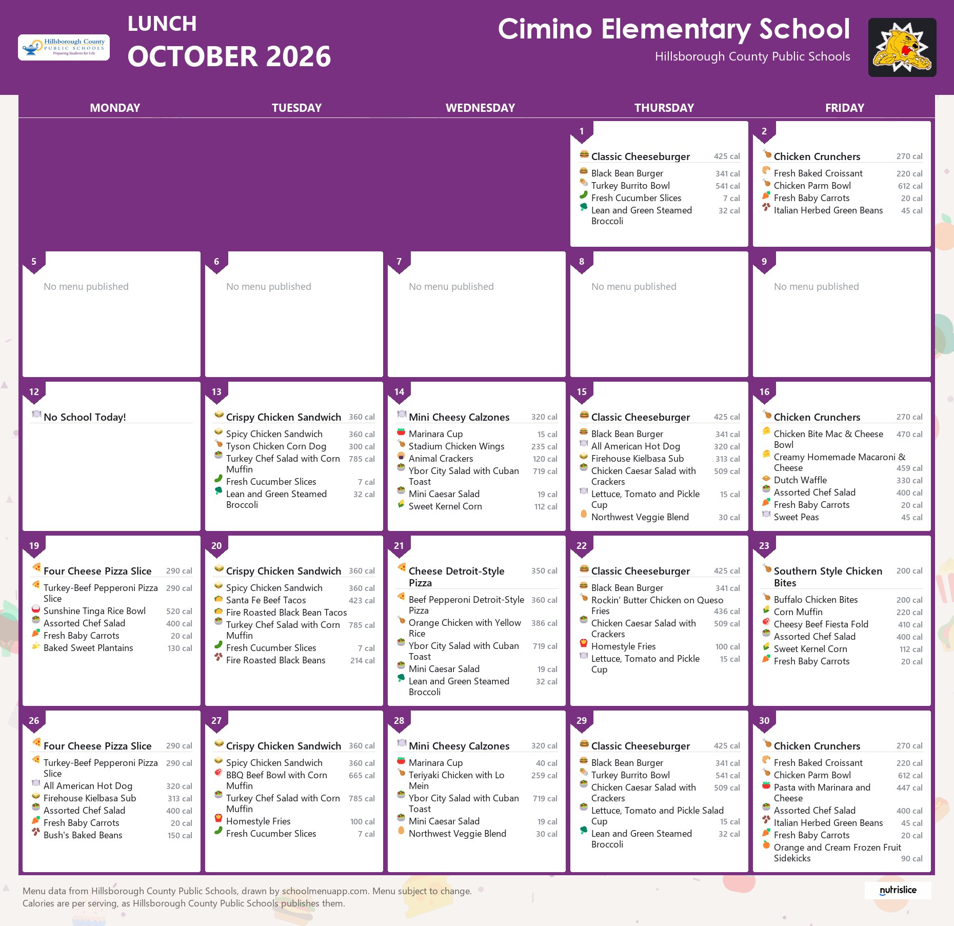 Cimino Elementary School lunch menu for October 2026 &mdash; Hillsborough County Public Schools