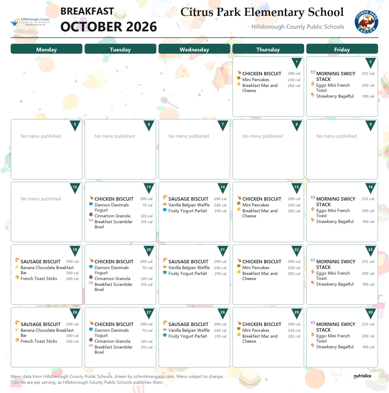 Citrus Park Elementary School breakfast menu for October 2026 &mdash; Hillsborough County Public Schools