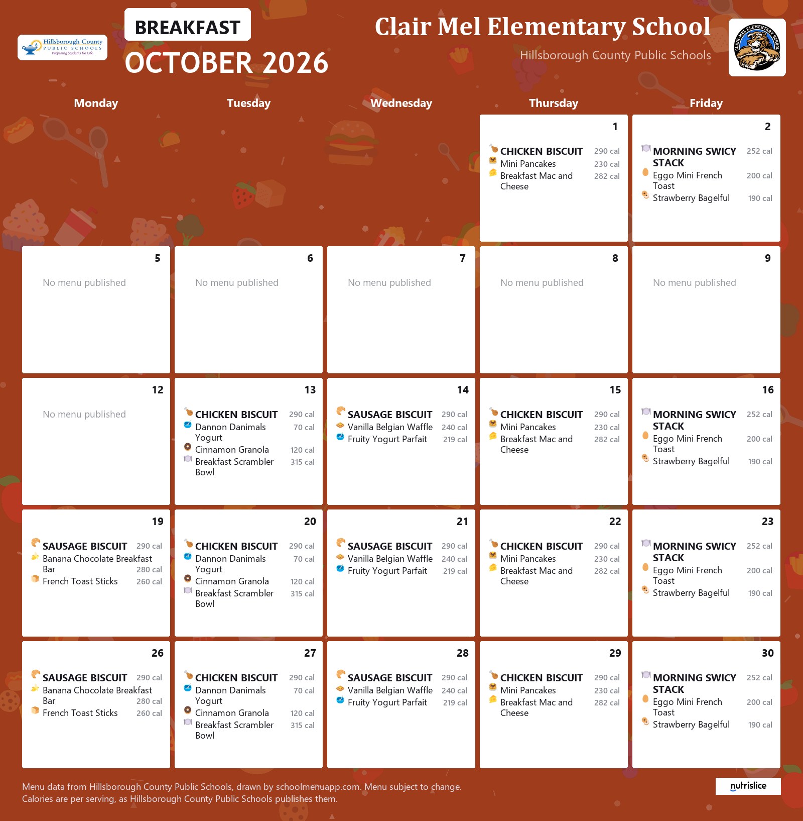 Clair Mel Elementary School breakfast menu for October 2026 &mdash; Hillsborough County Public Schools