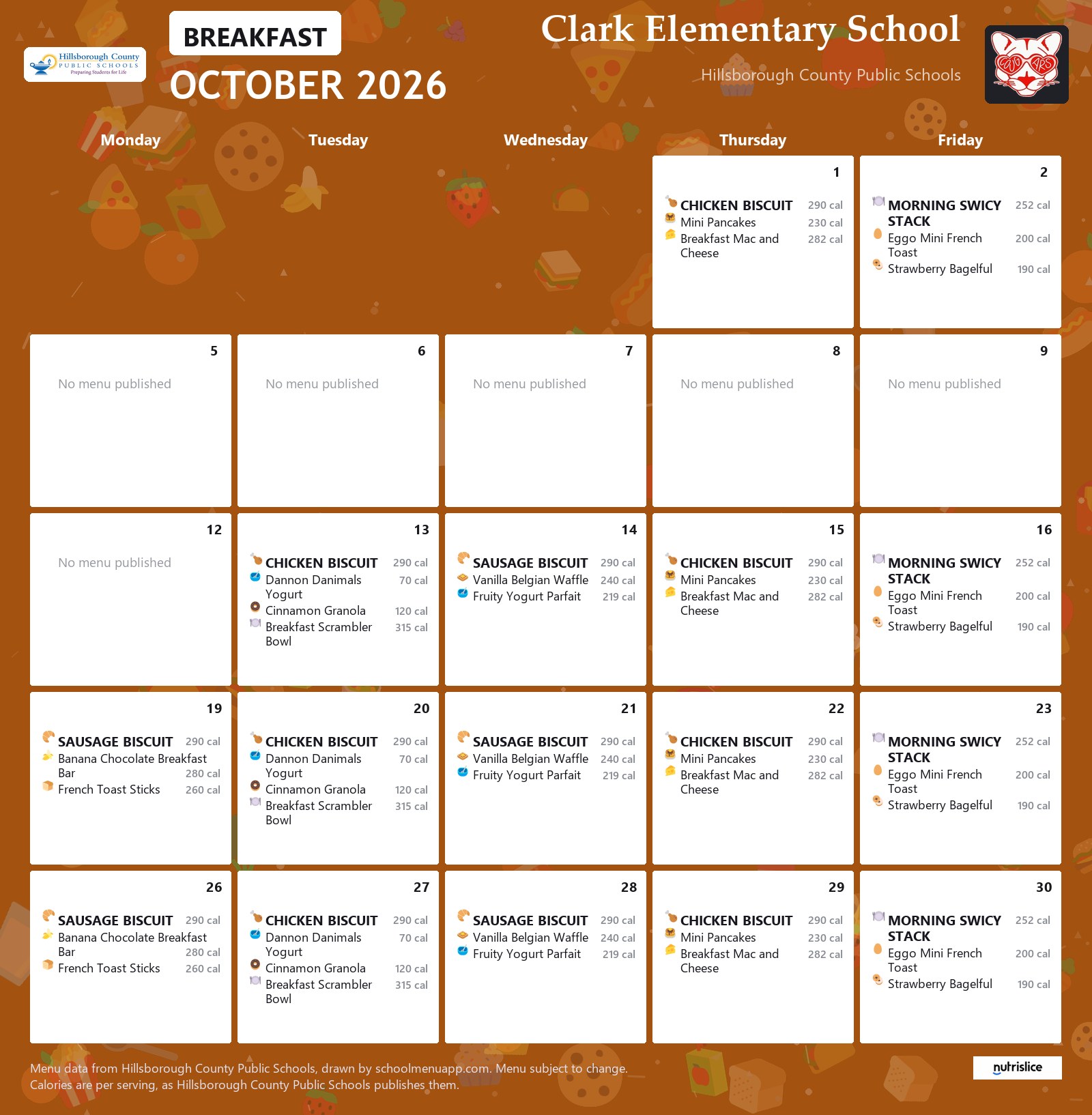 Clark Elementary School breakfast menu for October 2026 &mdash; Hillsborough County Public Schools