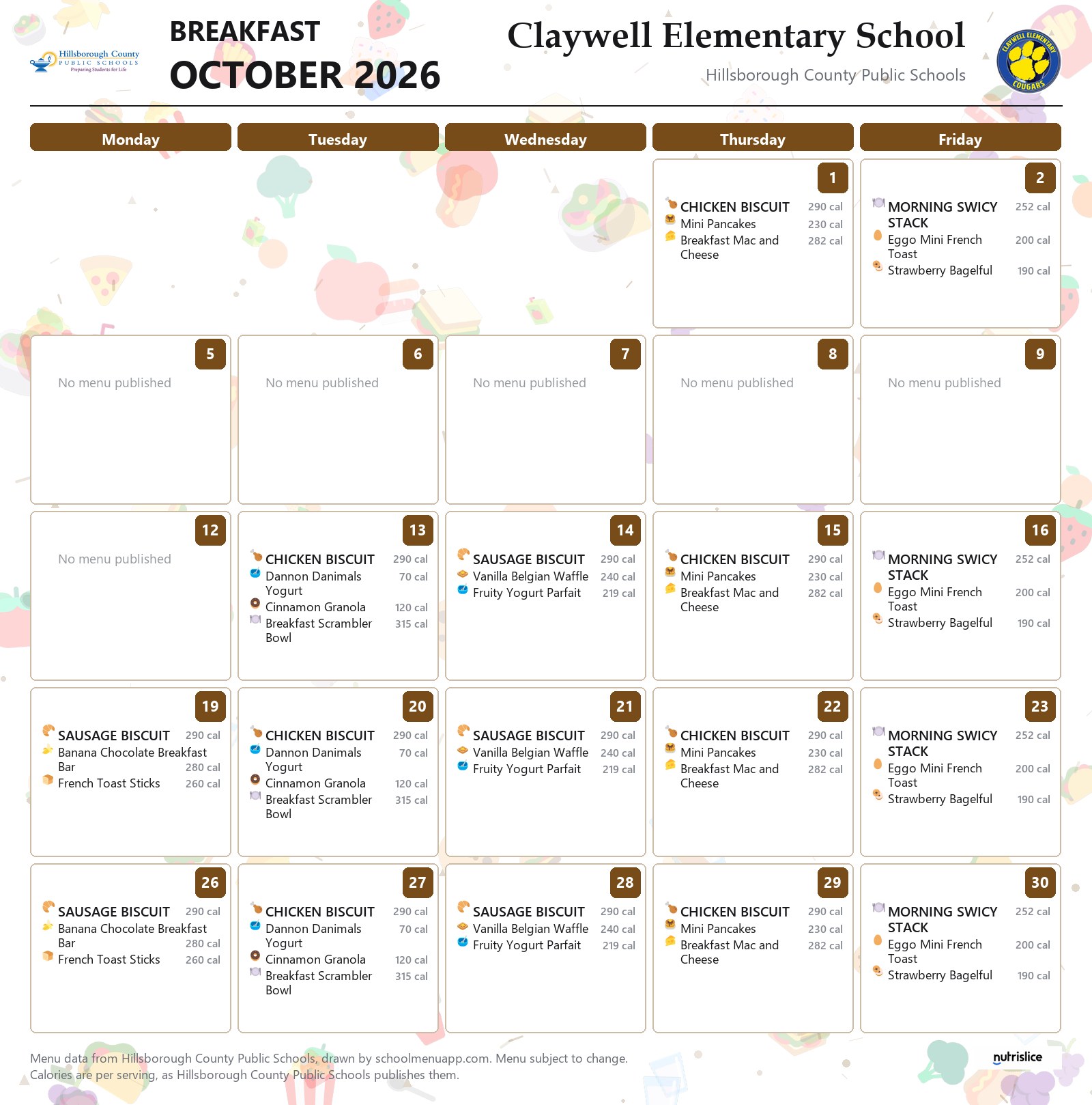 Claywell Elementary School breakfast menu for October 2026 &mdash; Hillsborough County Public Schools