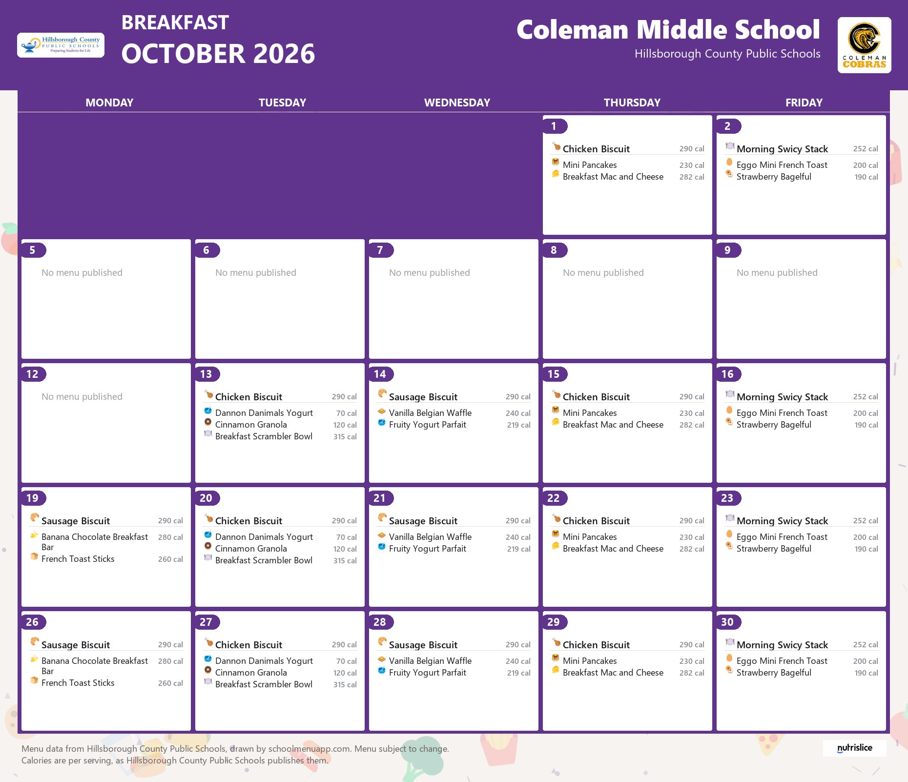 Coleman Middle School breakfast menu for October 2026 &mdash; Hillsborough County Public Schools