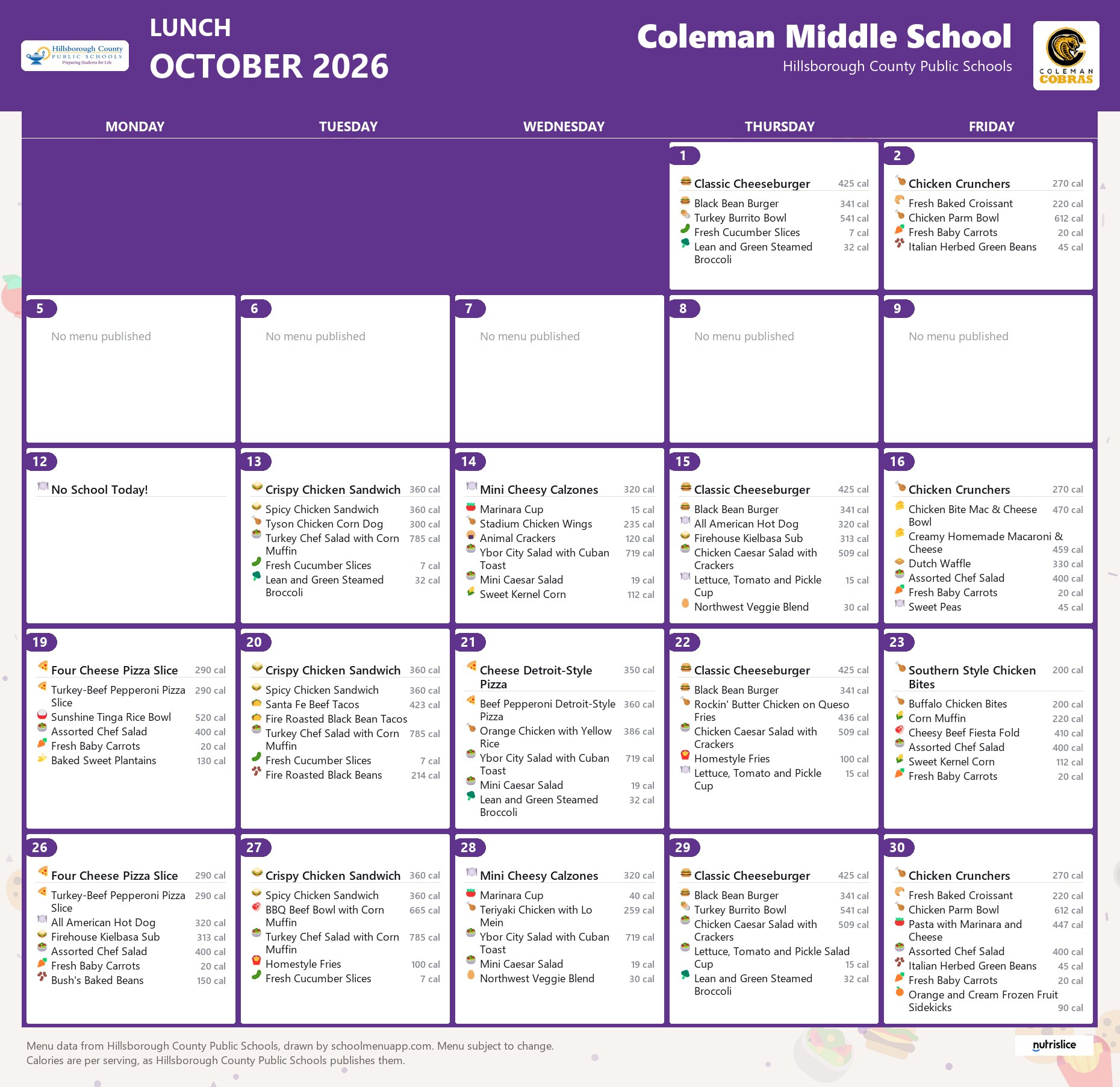 Coleman Middle School lunch menu for October 2026 &mdash; Hillsborough County Public Schools