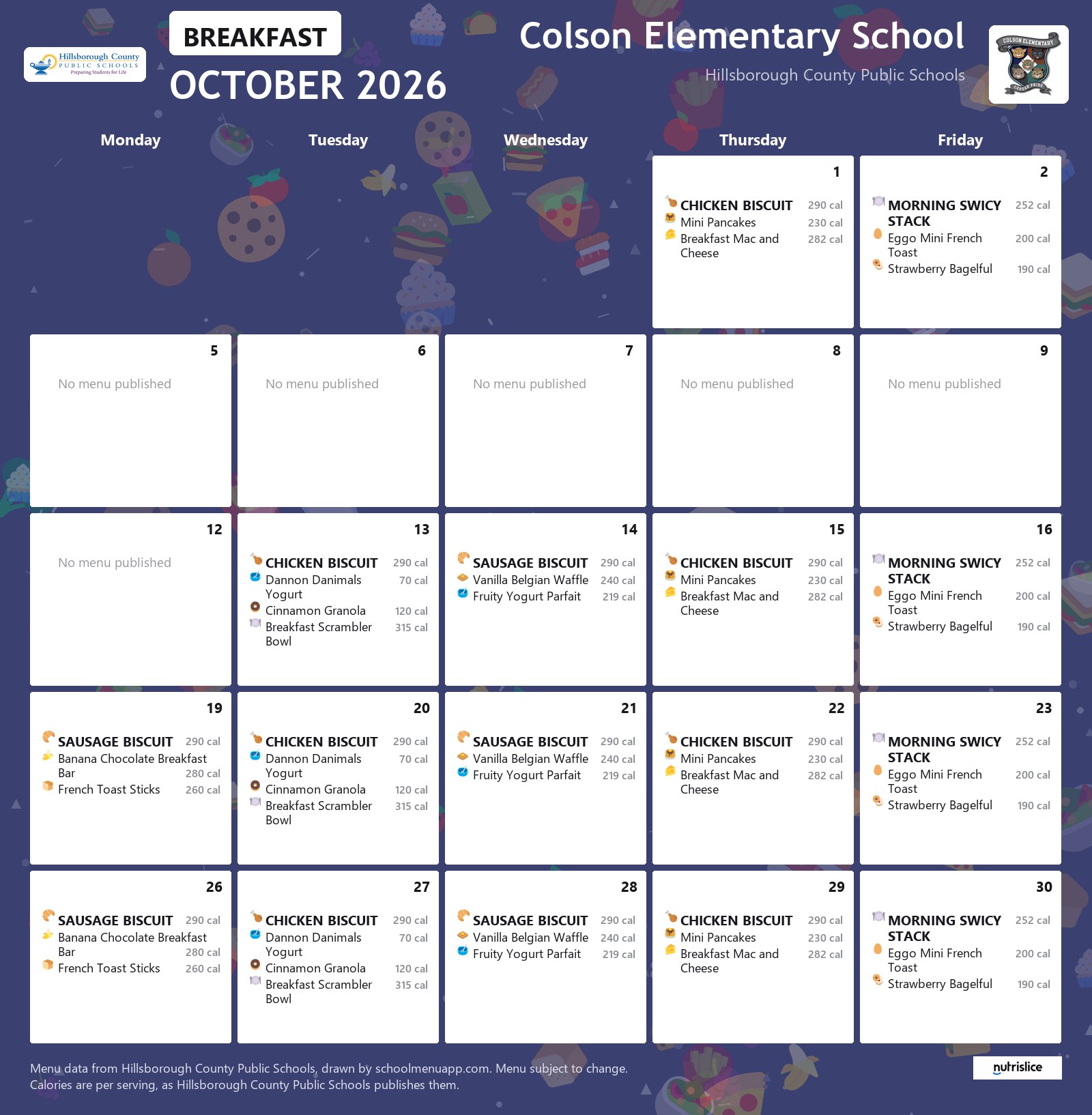 Colson Elementary School breakfast menu for October 2026 &mdash; Hillsborough County Public Schools