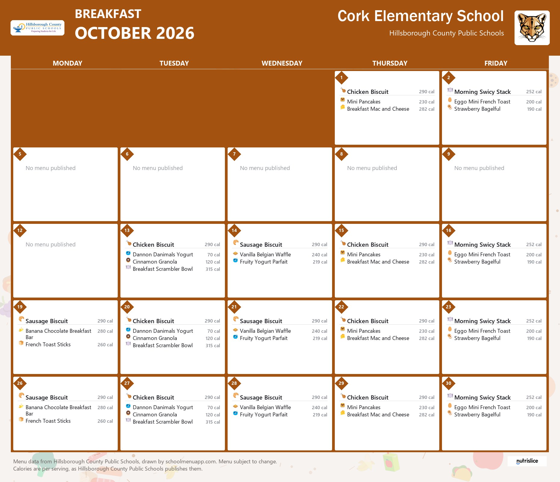 Cork Elementary School breakfast menu for October 2026 &mdash; Hillsborough County Public Schools