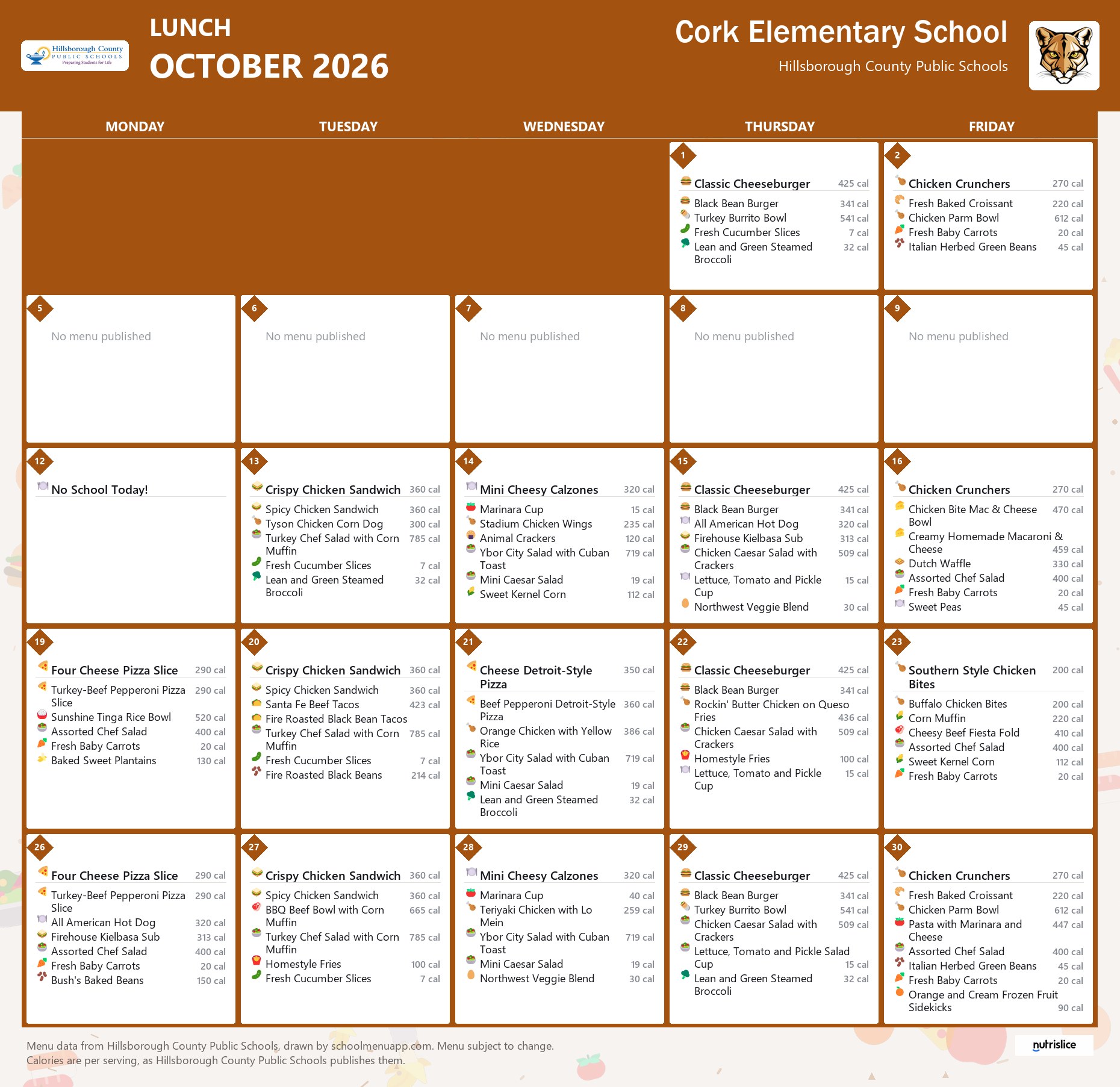 Cork Elementary School lunch menu for October 2026 &mdash; Hillsborough County Public Schools
