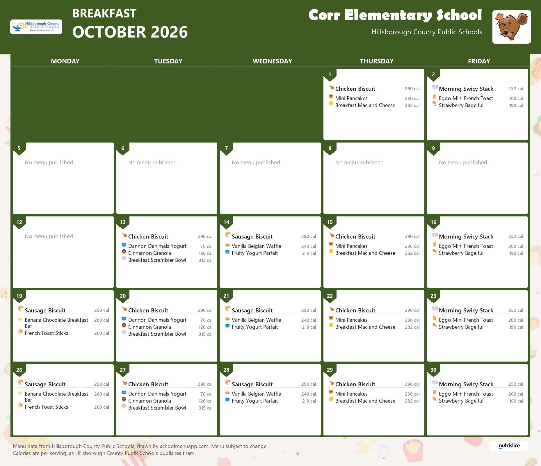 Corr Elementary School breakfast menu for October 2026 &mdash; Hillsborough County Public Schools