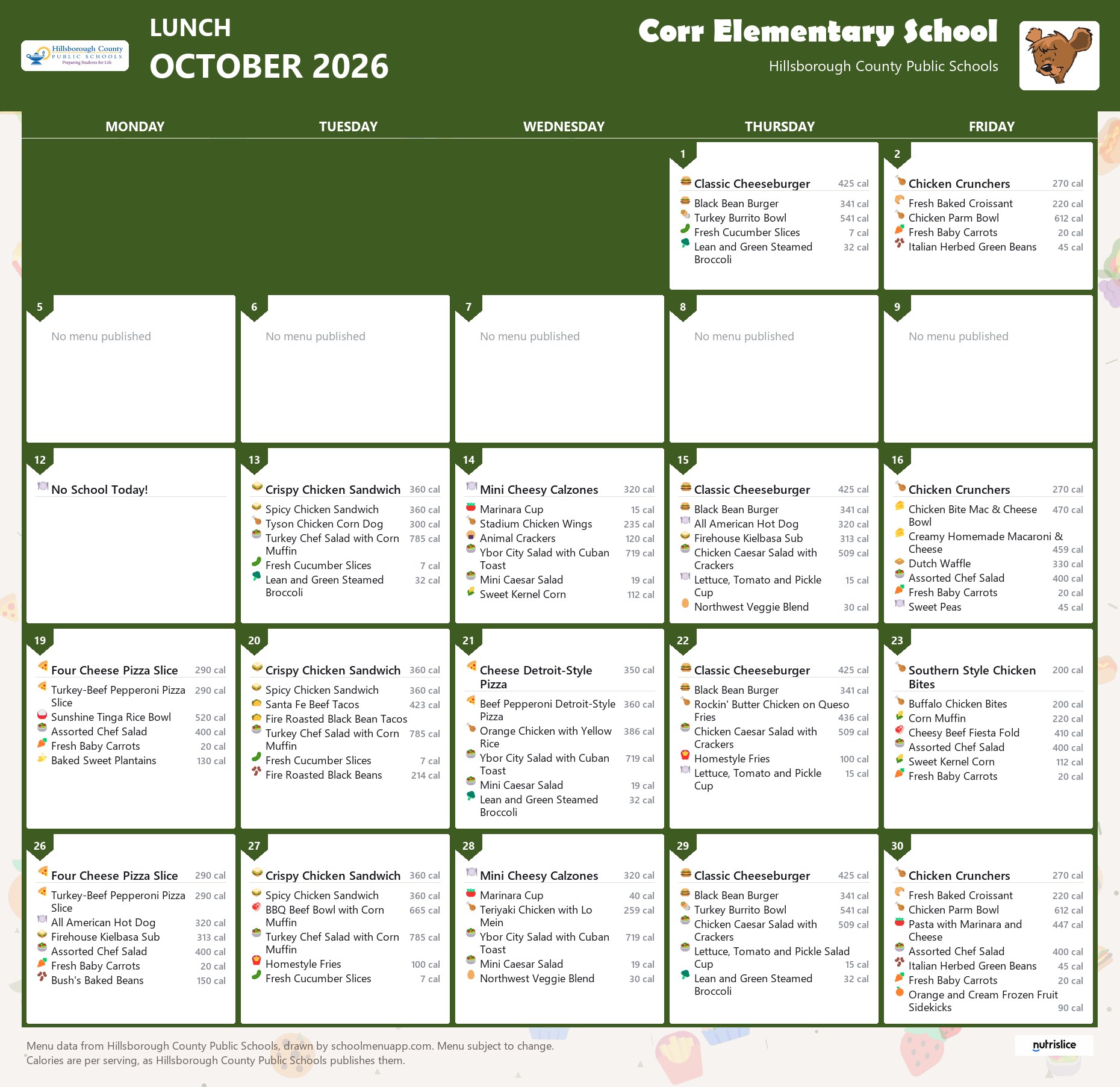 Corr Elementary School lunch menu for October 2026 &mdash; Hillsborough County Public Schools