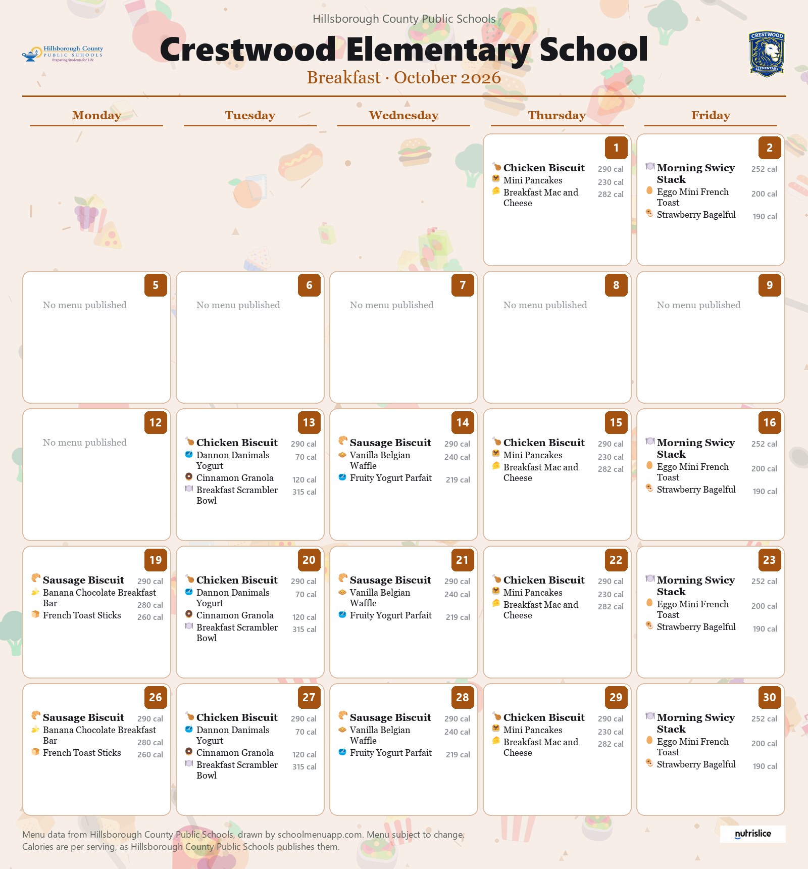 Crestwood Elementary School breakfast menu for October 2026 &mdash; Hillsborough County Public Schools