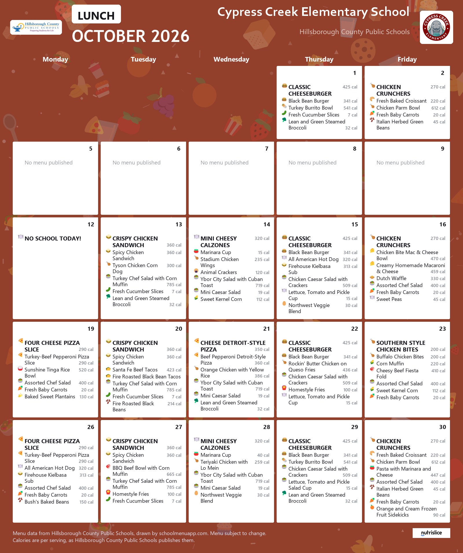 Cypress Creek Elementary School lunch menu for October 2026 &mdash; Hillsborough County Public Schools