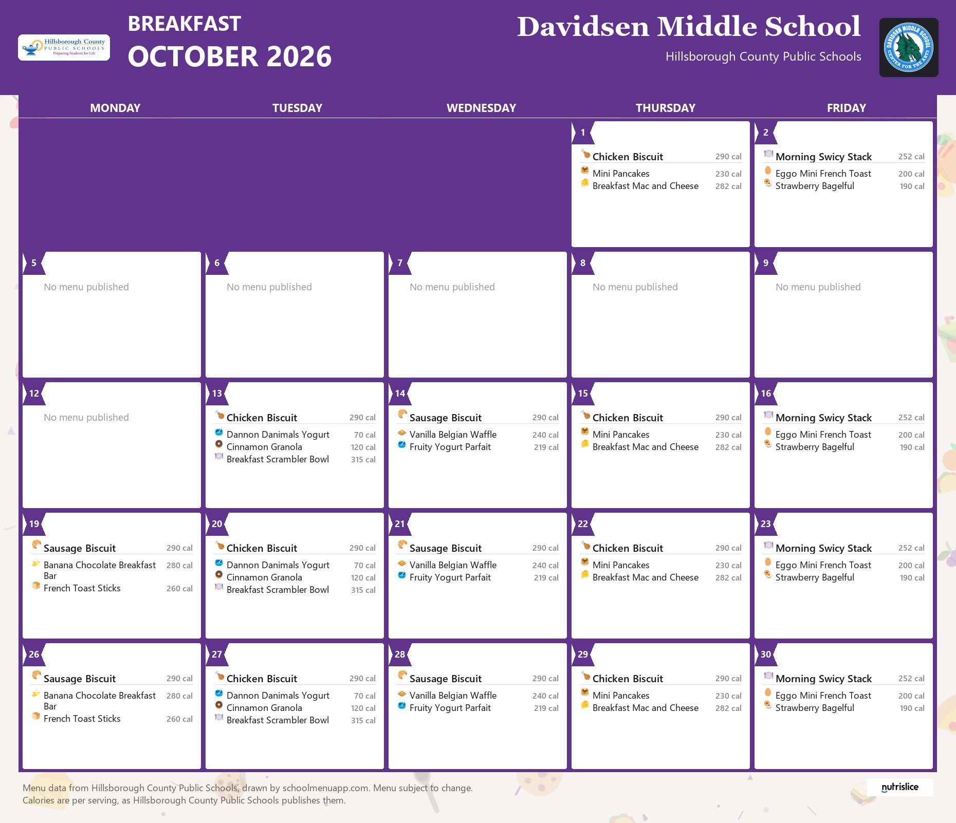 Davidsen Middle School breakfast menu for October 2026 &mdash; Hillsborough County Public Schools