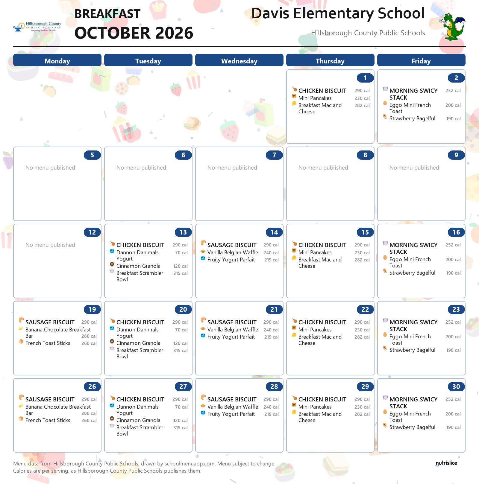 Davis Elementary School breakfast menu for October 2026 &mdash; Hillsborough County Public Schools