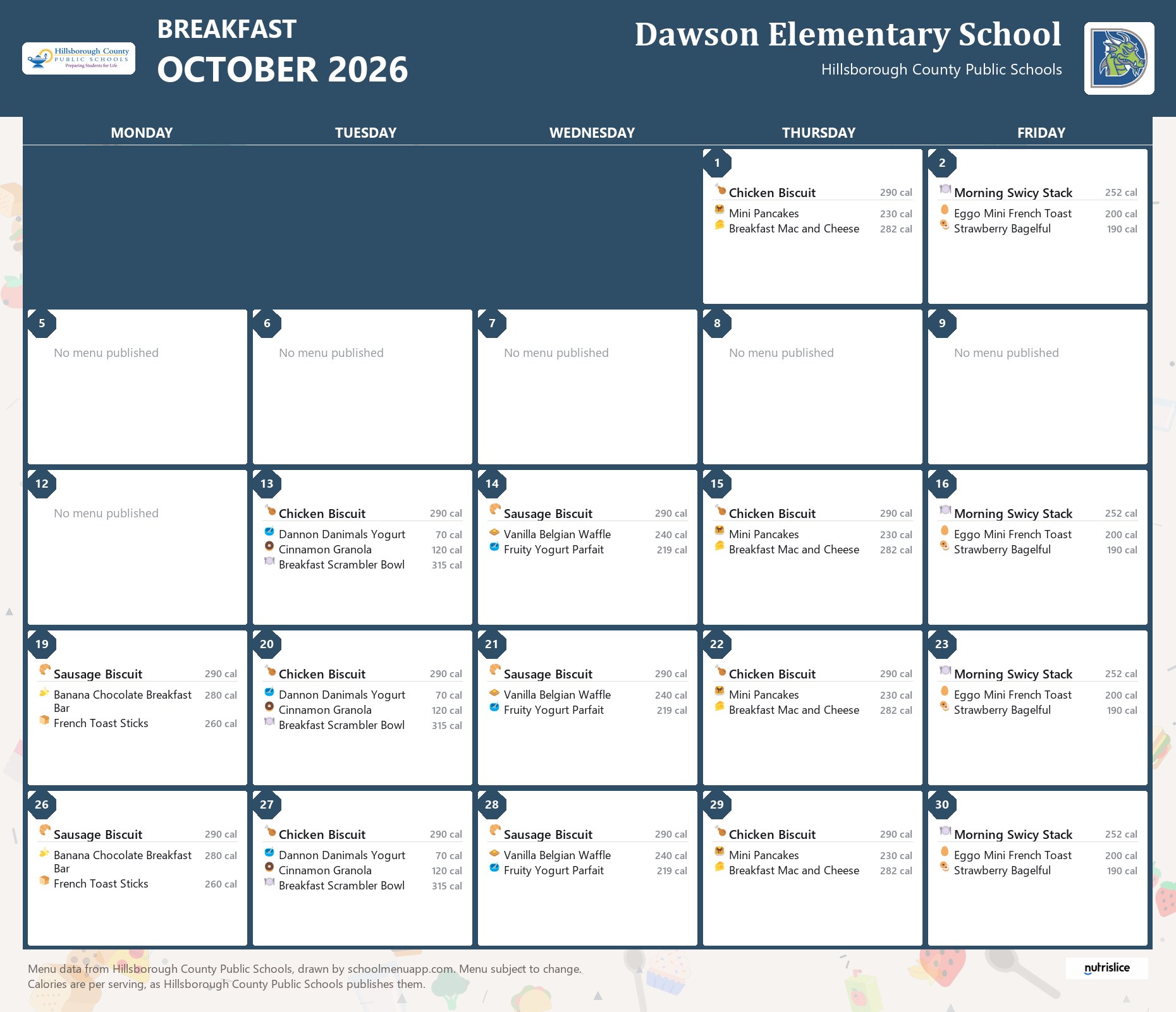 Dawson Elementary School breakfast menu for October 2026 &mdash; Hillsborough County Public Schools