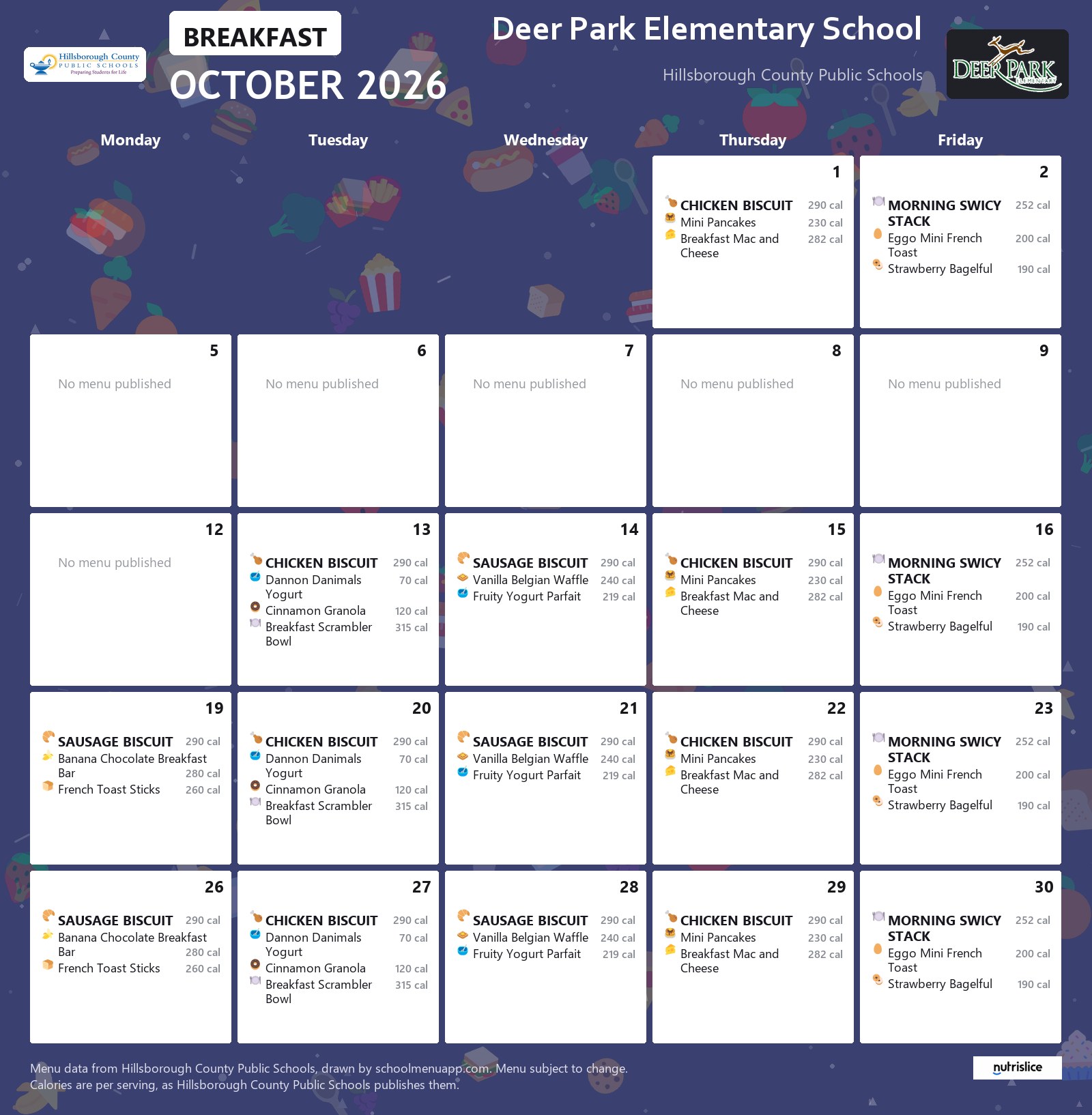 Deer Park Elementary School breakfast menu for October 2026 &mdash; Hillsborough County Public Schools