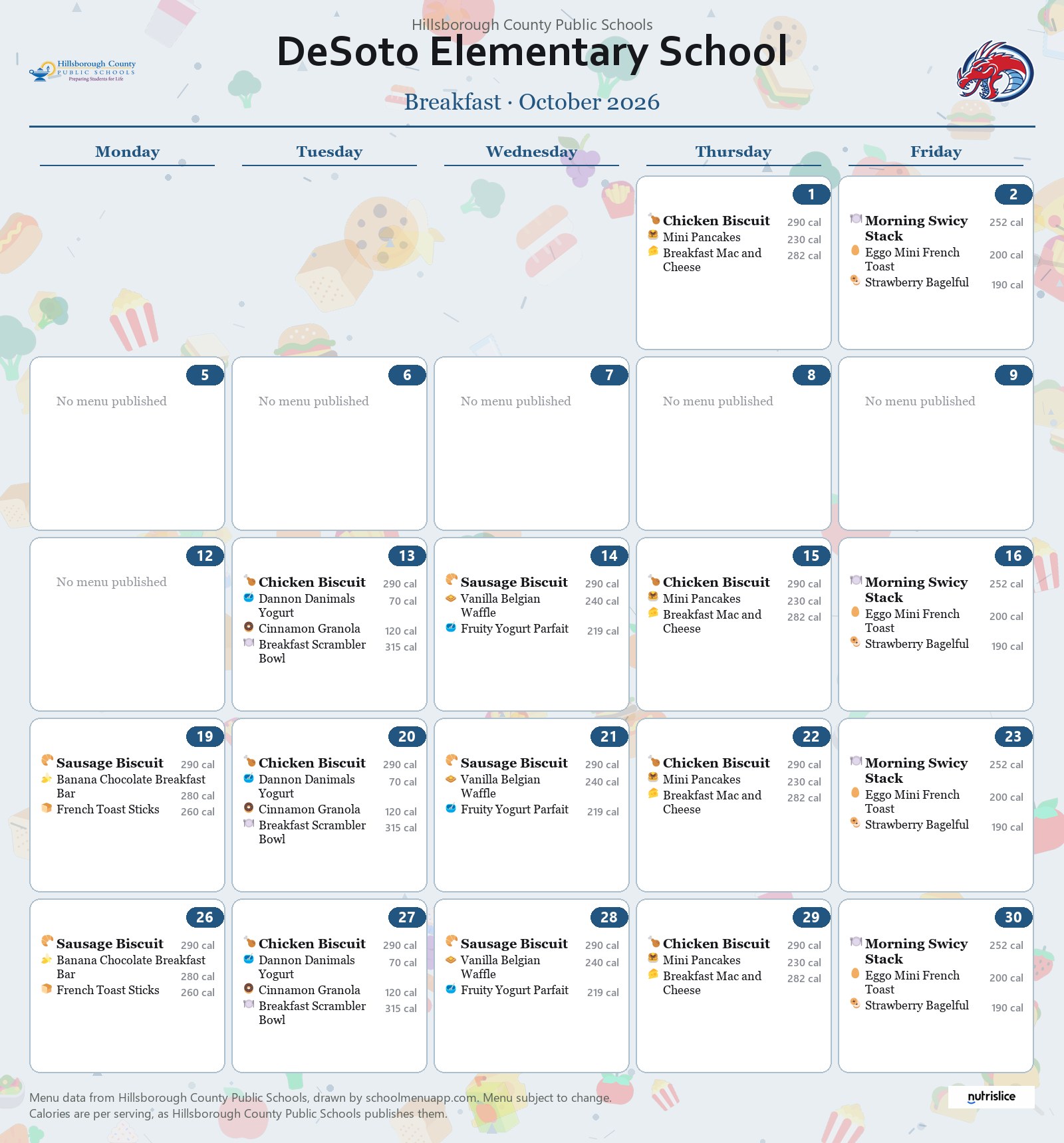 DeSoto Elementary School breakfast menu for October 2026 &mdash; Hillsborough County Public Schools