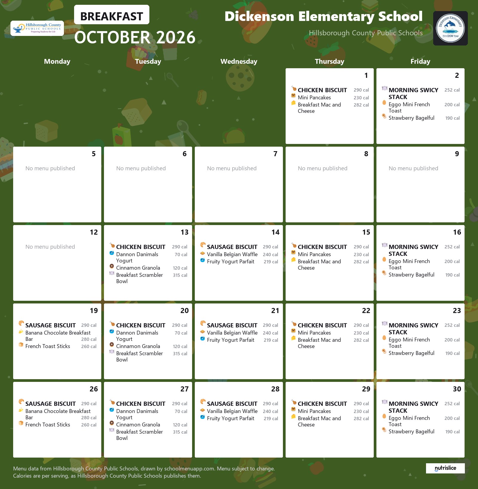 Dickenson Elementary School breakfast menu for October 2026 &mdash; Hillsborough County Public Schools