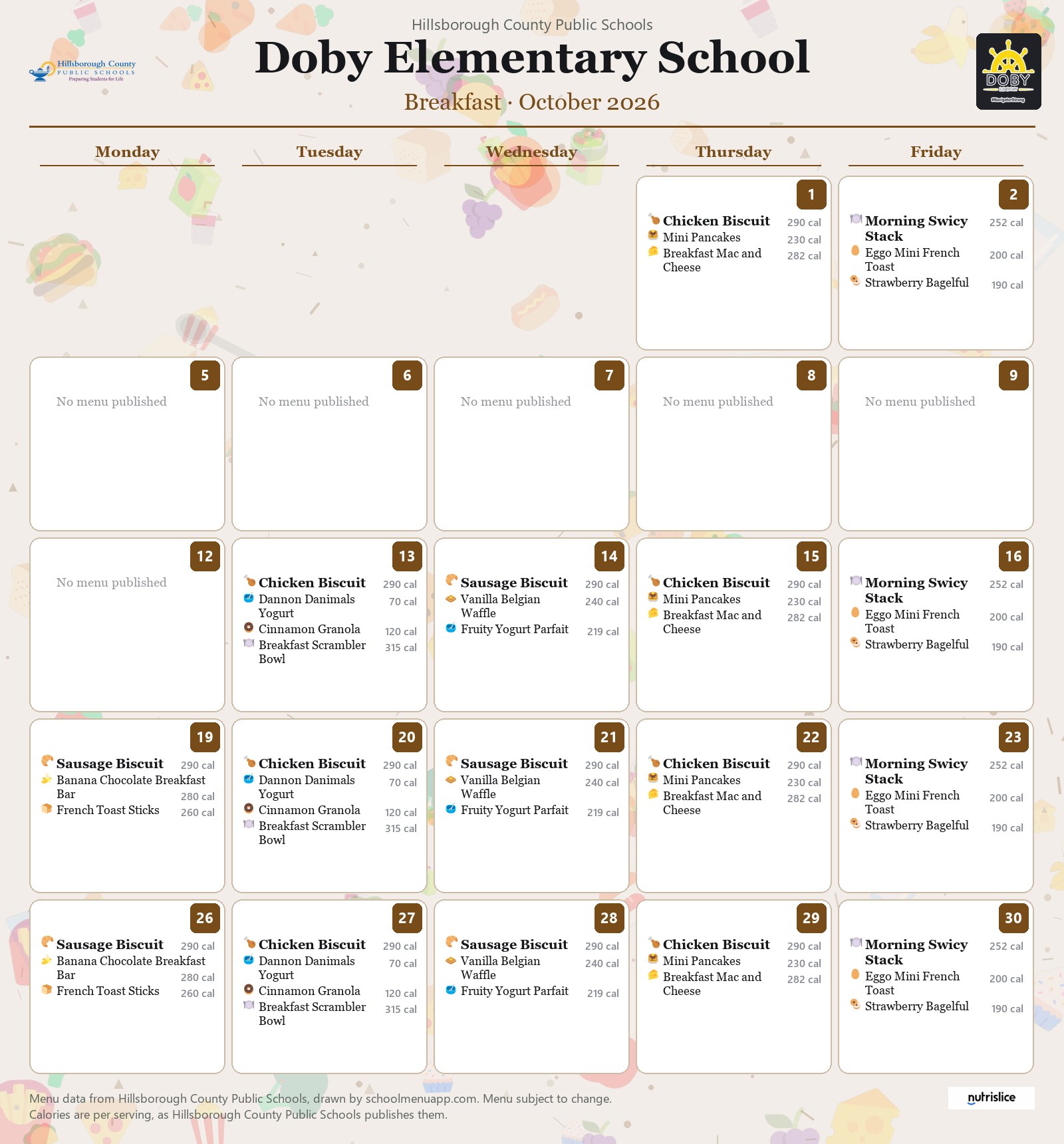 Doby Elementary School breakfast menu for October 2026 &mdash; Hillsborough County Public Schools