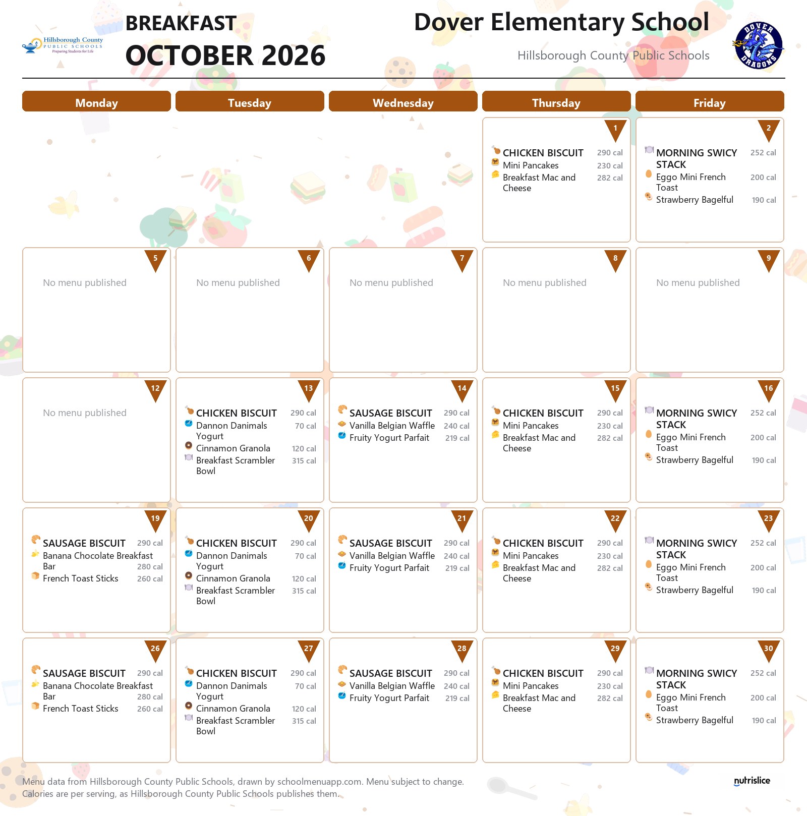 Dover Elementary School breakfast menu for October 2026 &mdash; Hillsborough County Public Schools